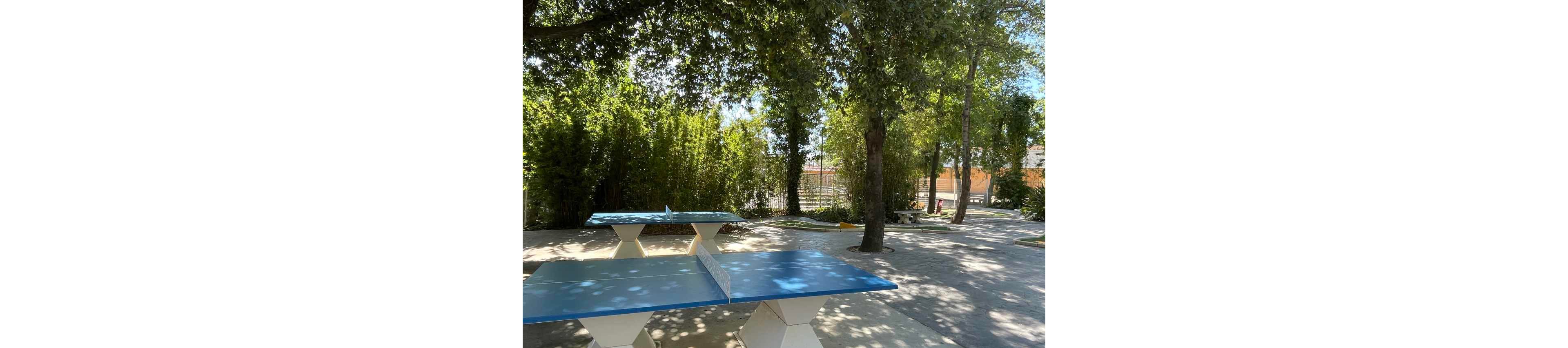 Two blue outdoor ping pong tables stand in a shaded courtyard. Tall trees and dense greenery surround the area, casting dappled light on the concrete ground. A quiet pathway and distant buildings are visible in the background. The scene suggests a relaxed recreational space for casual games and socializing.