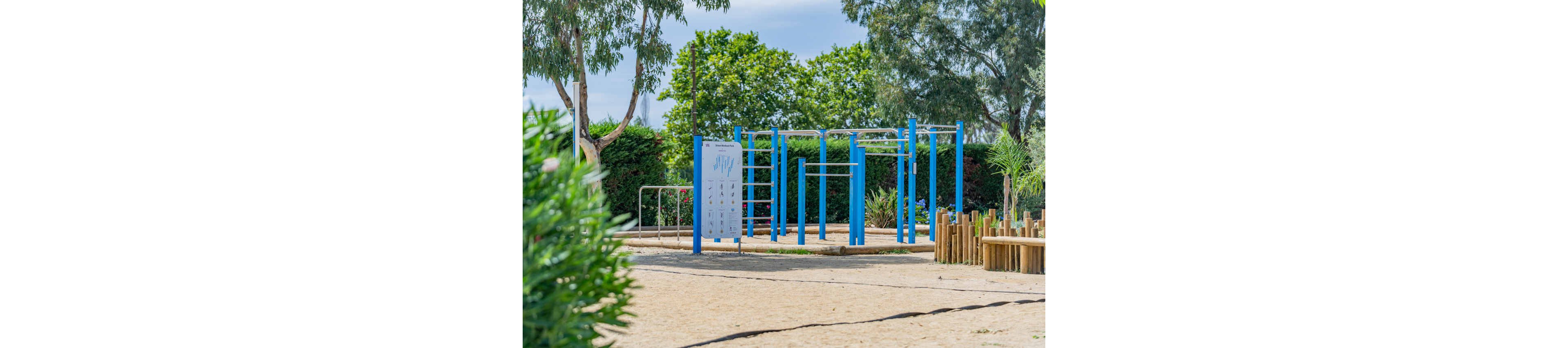 An outdoor fitness park features bright blue metal exercise bars arranged for bodyweight training. The equipment stands on a sandy surface surrounded by green hedges, trees, and landscaped plants. A large instruction board is visible near the bars, suggesting guided workouts. Wooden posts and natural elements frame the area, creating a recreational space in a sunny park setting.