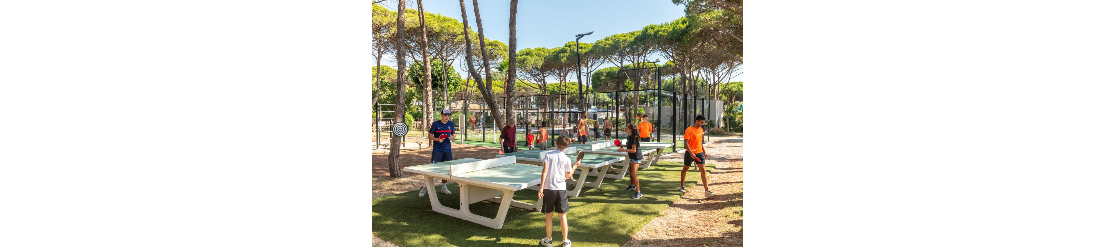 A group of people play table tennis on multiple outdoor tables in a sunny park setting. Adults and children are engaged in games, holding paddles and moving around the tables. Tall pine trees and sports courts are visible in the background, suggesting a recreational or holiday resort area. The atmosphere is active and social, with bright clothing and clear daylight enhancing the lively scene.