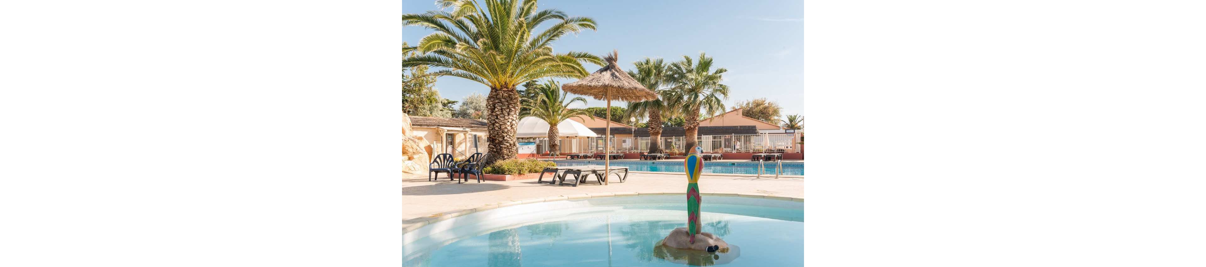 An outdoor resort swimming pool is surrounded by tall palm trees under a clear blue sky. In the foreground, a shallow circular pool features a colorful decorative statue on a small rock. Sun loungers and thatched parasols line the poolside area, suggesting a relaxing vacation setting. Low buildings and a fenced area in the background indicate a holiday complex or campground.