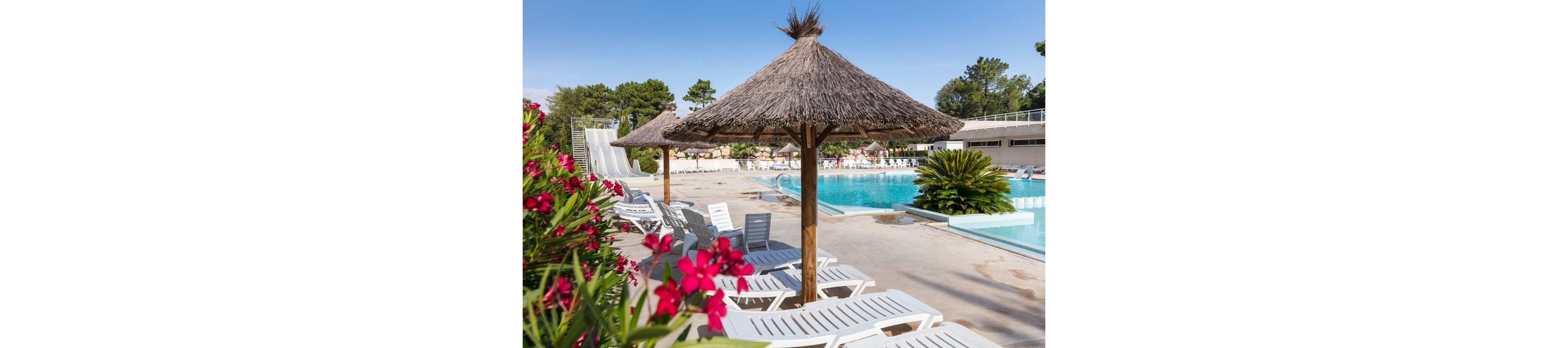 An outdoor resort swimming pool is surrounded by white sun loungers and thatched parasols. Bright pink flowers and lush green plants frame the foreground, adding vibrant color to the scene. In the background, water slides and additional seating suggest a family-friendly leisure area. The clear blue sky and calm water create a relaxed, sunny vacation atmosphere.
