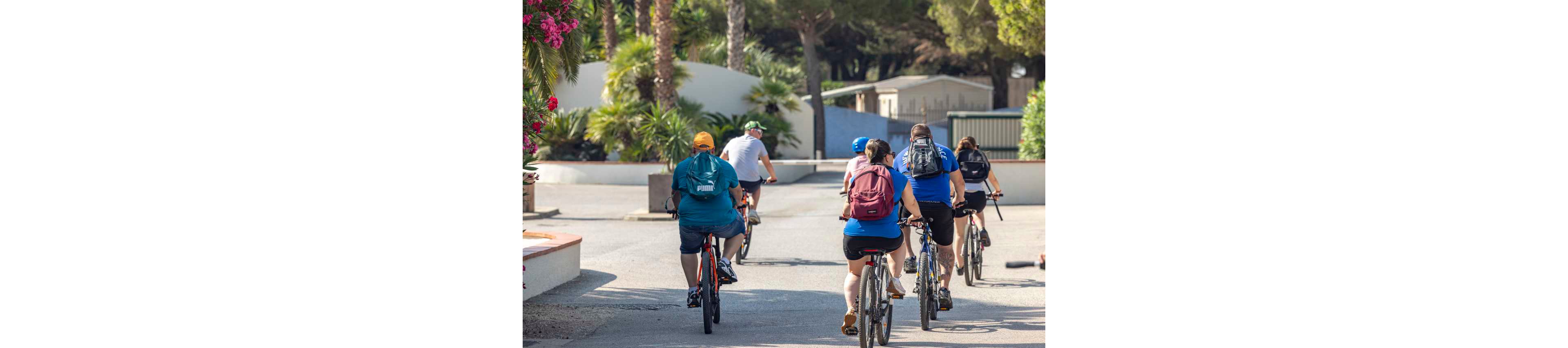 A small group of adults ride bicycles along a paved path in a sunny vacation resort. They are casually dressed with backpacks and caps as they cycle away from the camera. Palm trees, flowering bushes, and white buildings line the route, creating a relaxed holiday atmosphere. The bright daylight and lush greenery suggest a warm, pleasant climate ideal for outdoor activities.