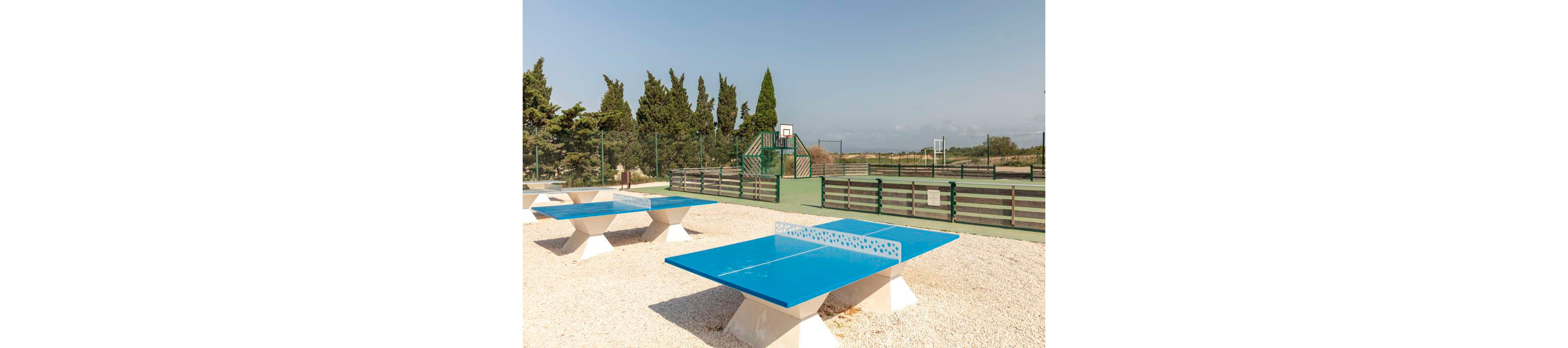 Several bright blue outdoor ping pong tables stand on a gravel surface in a recreational sports area. In the background, a fenced multi-sport court with a basketball hoop is visible. Tall evergreen trees line the perimeter, creating a natural backdrop under a clear sky. The scene suggests a sunny, relaxed environment for casual games and outdoor activities.