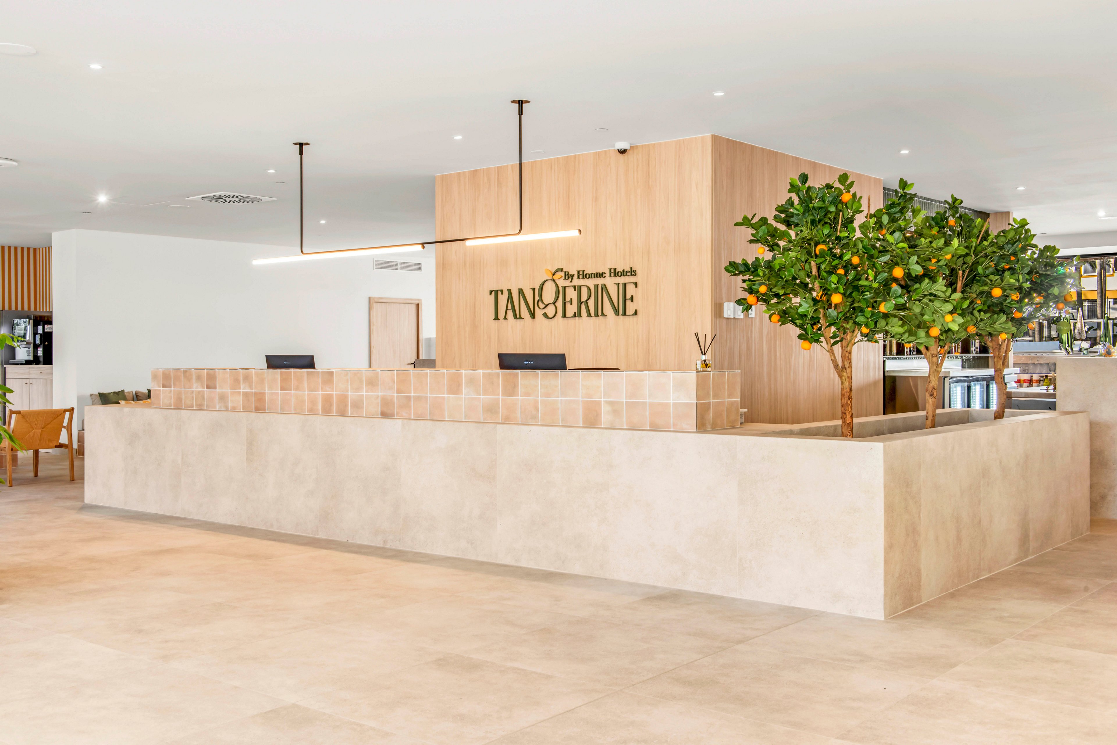 Bright, contemporary hotel lobby featuring a minimalist reception desk and light tiled flooring. The central wooden reception counter displays the text "The House Hotels TANGERINE" on its front panel. A lush potted tangerine tree with vibrant orange fruit adds a natural focal point beside the desk. The space is open, airy, and warmly lit, creating a welcoming atmosphere for guests.