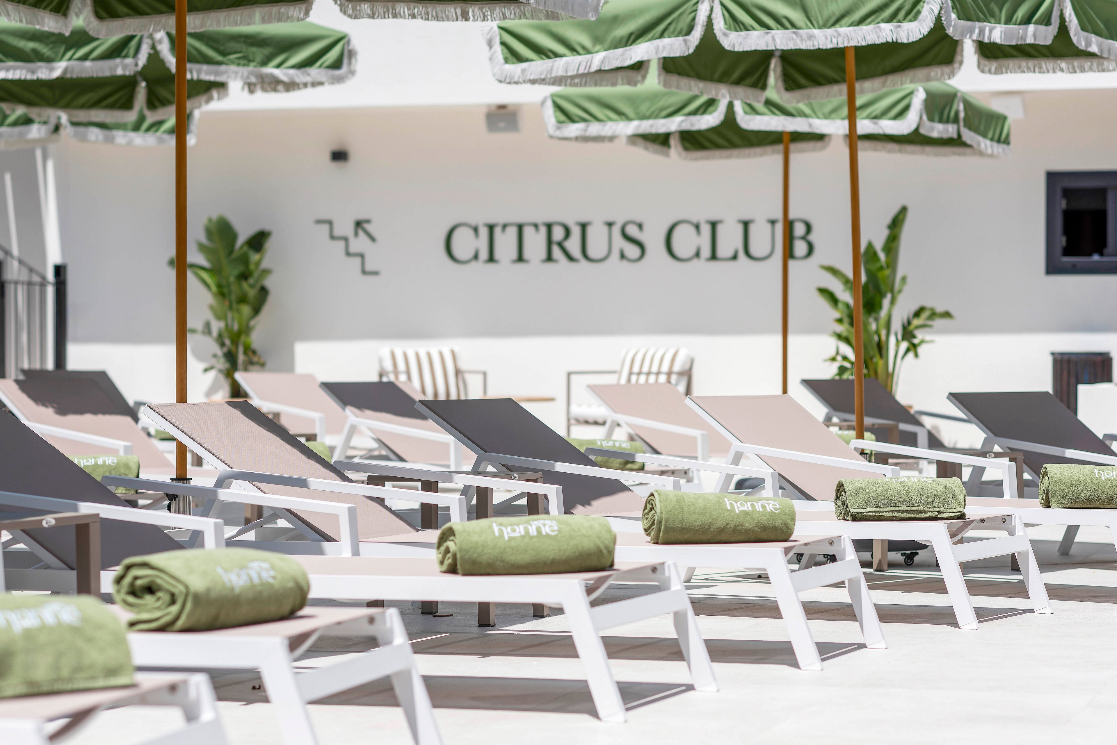 Outdoor poolside area featuring rows of modern sun loungers with green towels neatly rolled on each chair. Large green-and-white umbrellas provide shade over the seating area. The white building wall in the background displays the text "CITRUS CLUB" along with a simple graphic symbol. Potted tropical plants add a fresh, resort-like atmosphere to the bright, sunny setting.