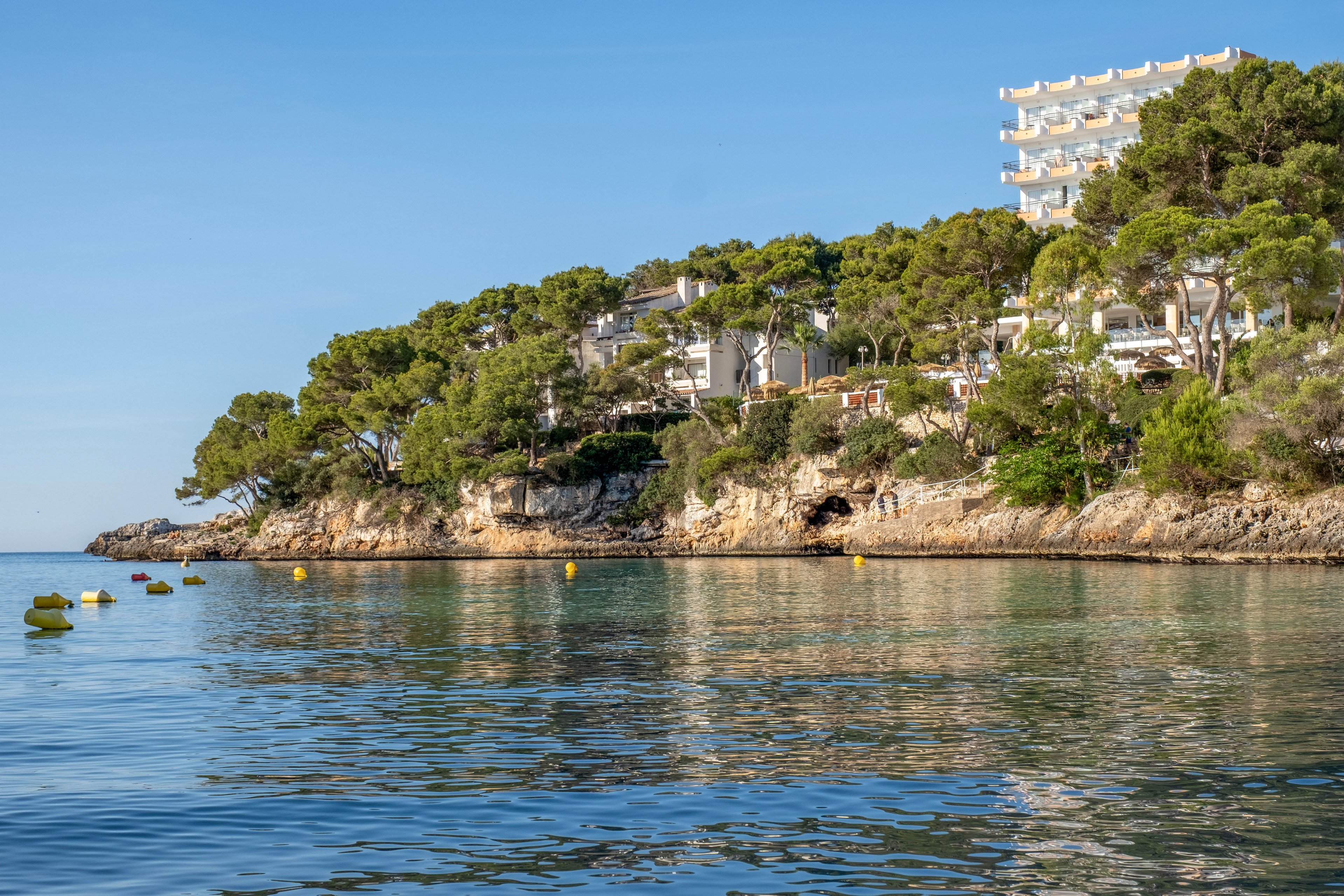 A coastal resort sits atop rocky cliffs lined with dense pine trees beside a calm, clear sea. Yellow buoys float on the water, marking a swimming or boating area near the shoreline. A multi-story hotel building rises above the treetops, catching the warm daylight under a clear blue sky. The scene conveys a peaceful Mediterranean-style holiday destination with natural and built elements in harmony.