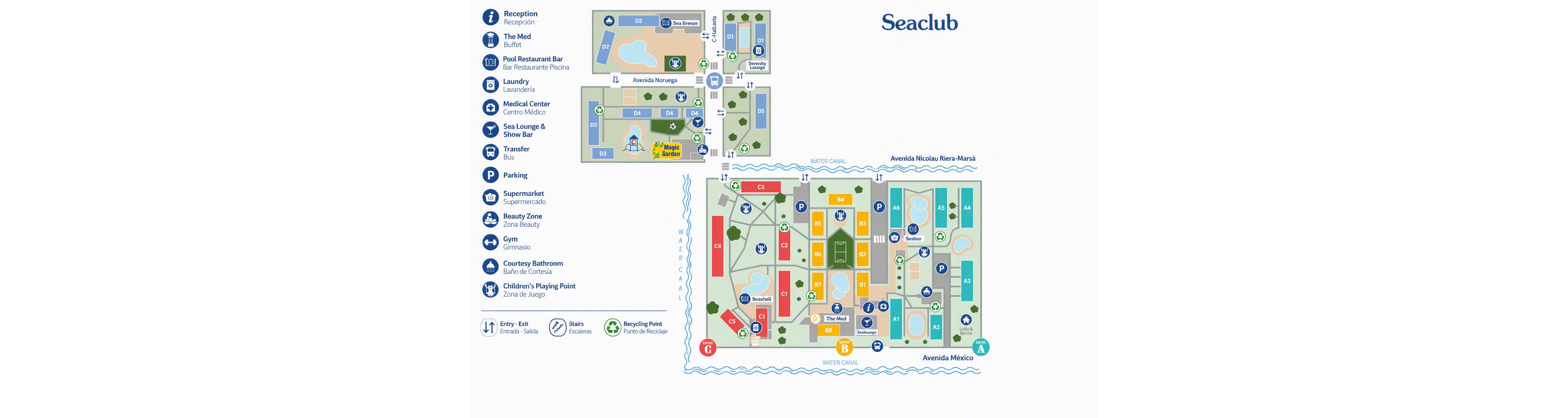 Illustrated resort map labeled Seaclub shows an overview of hotel buildings, pools, and amenities. The layout includes avenues, water canals, parking areas, and multiple zones marked with letters and icons. A legend on the left identifies services such as reception, restaurants, medical center, supermarket, beauty zone, courtesy bathroom, and children’s playing point. Color-coded sections and symbols highlight stairs, elevators, recycling points, and entry and exit areas for guests.