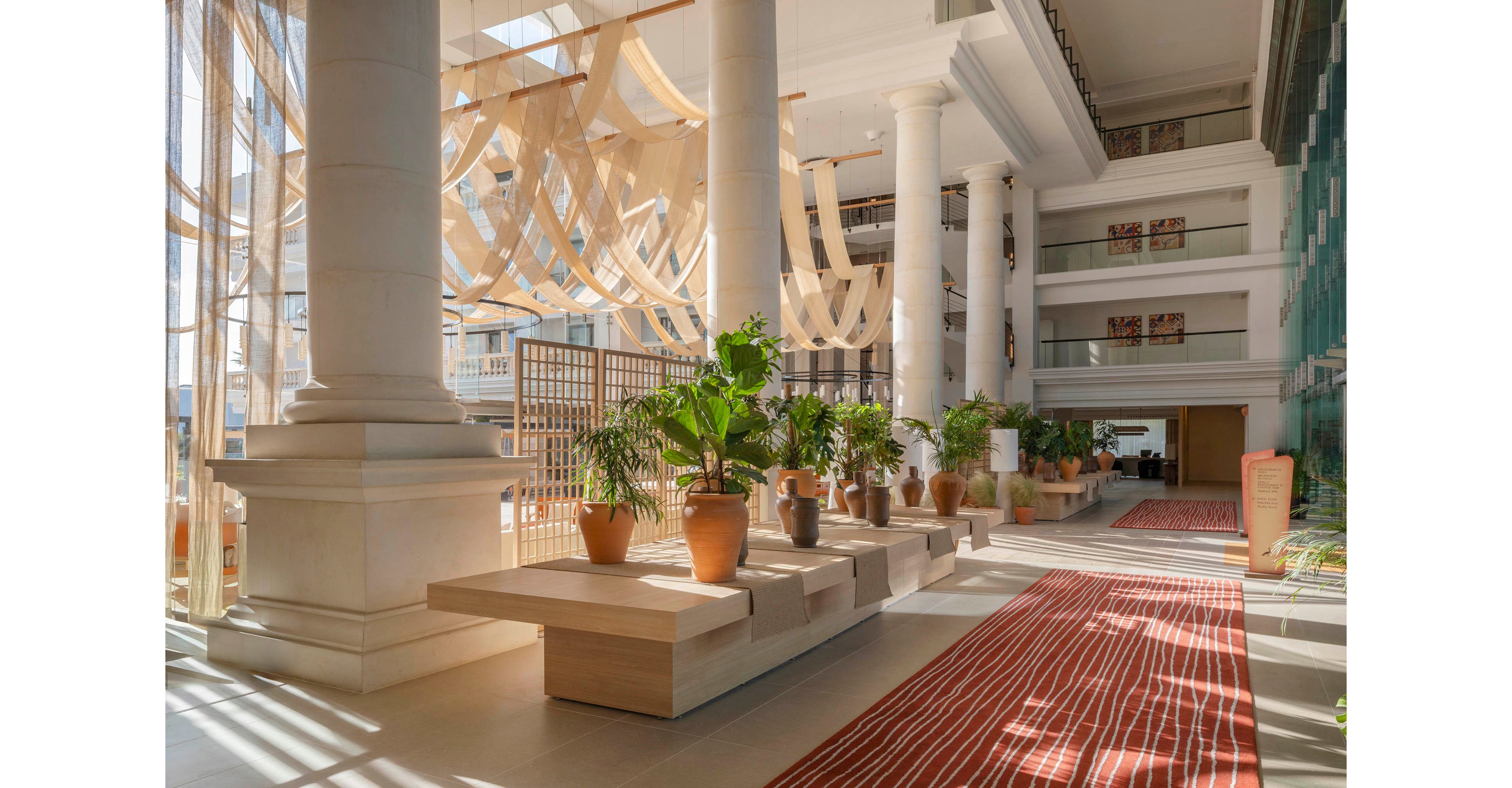 A spacious hotel atrium features tall white columns and large windows letting in abundant natural light. Terracotta and ceramic potted plants are arranged on minimalist wooden benches along the corridor. Sheer fabric panels hang from the high ceiling, adding texture and softness to the space. A red striped runner carpet leads the eye through the bright, contemporary interior.