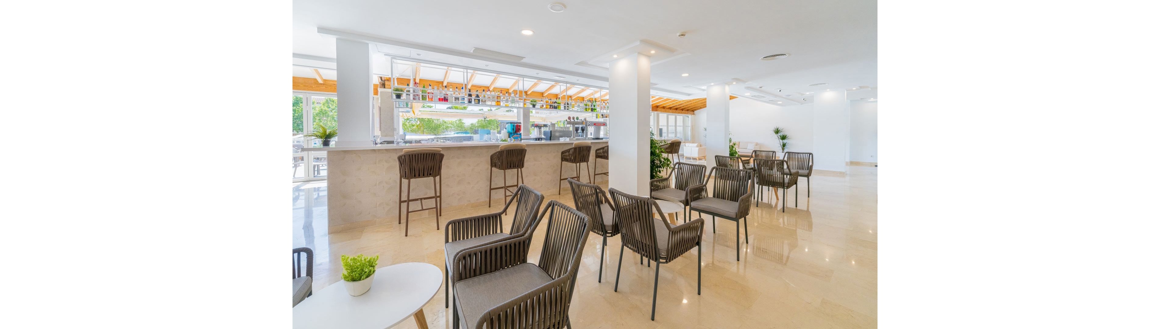A bright, contemporary hotel bar features a long counter with high stools and several tables with woven chairs. The setting is spacious and airy, with natural light streaming in through large windows and a clean, neutral color palette. Green plants add a touch of freshness to the modern interior, and bottles are neatly arranged behind the bar. The overall mood is relaxed and inviting, ideal for socializing or unwinding.