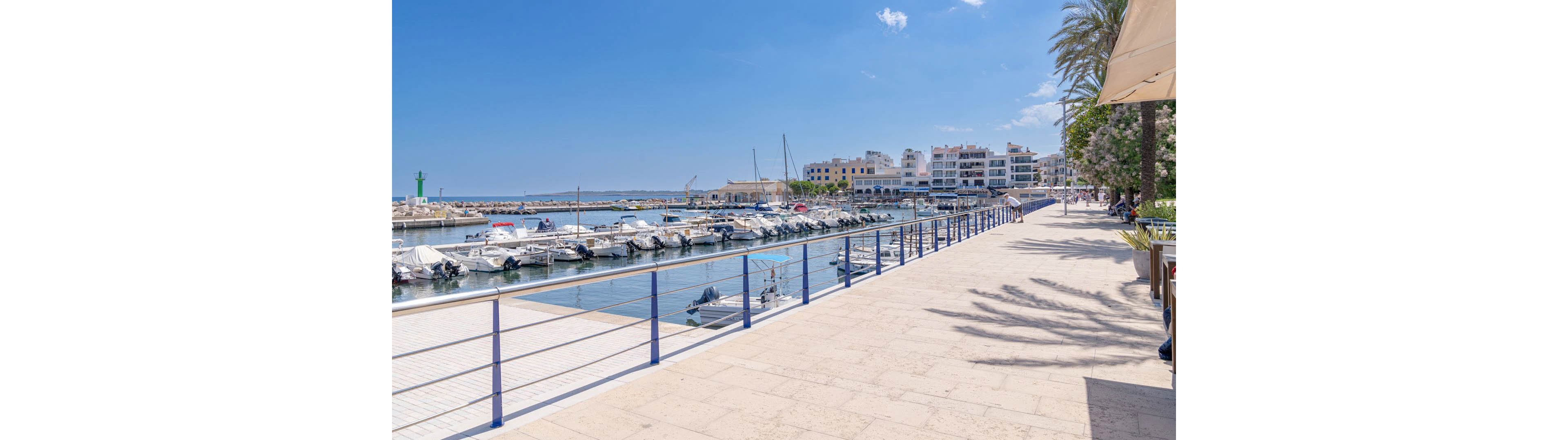 A bright, sunlit promenade runs alongside a marina filled with small boats and yachts. Modern buildings and waterfront apartments are visible in the background under a clear blue sky. Palm trees cast shadows on the wide walkway, creating a relaxed coastal atmosphere. The scene is calm and inviting, ideal for leisure walks or enjoying the seaside. No visible text or numbers are present in the image.