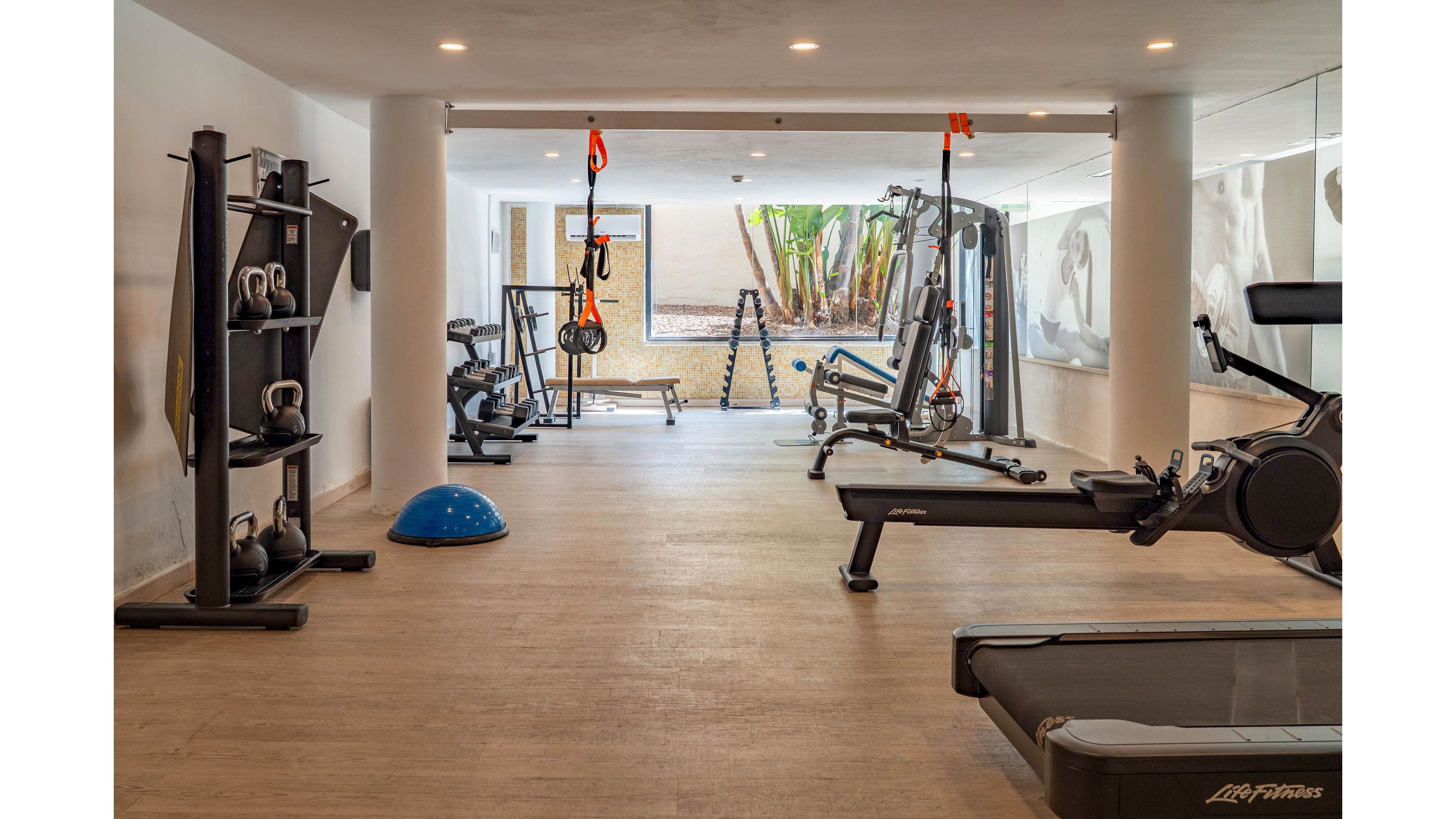 A spacious indoor gym features a variety of workout machines and free weights neatly arranged across a light wood floor. Strength training equipment, kettlebells, and resistance bands are visible alongside cardio machines and a treadmill. A blue balance trainer sits in the center, while large mirrors and windows at the back reflect natural light and greenery outside. The clean, minimalist design creates an inviting environment for exercise and wellness.