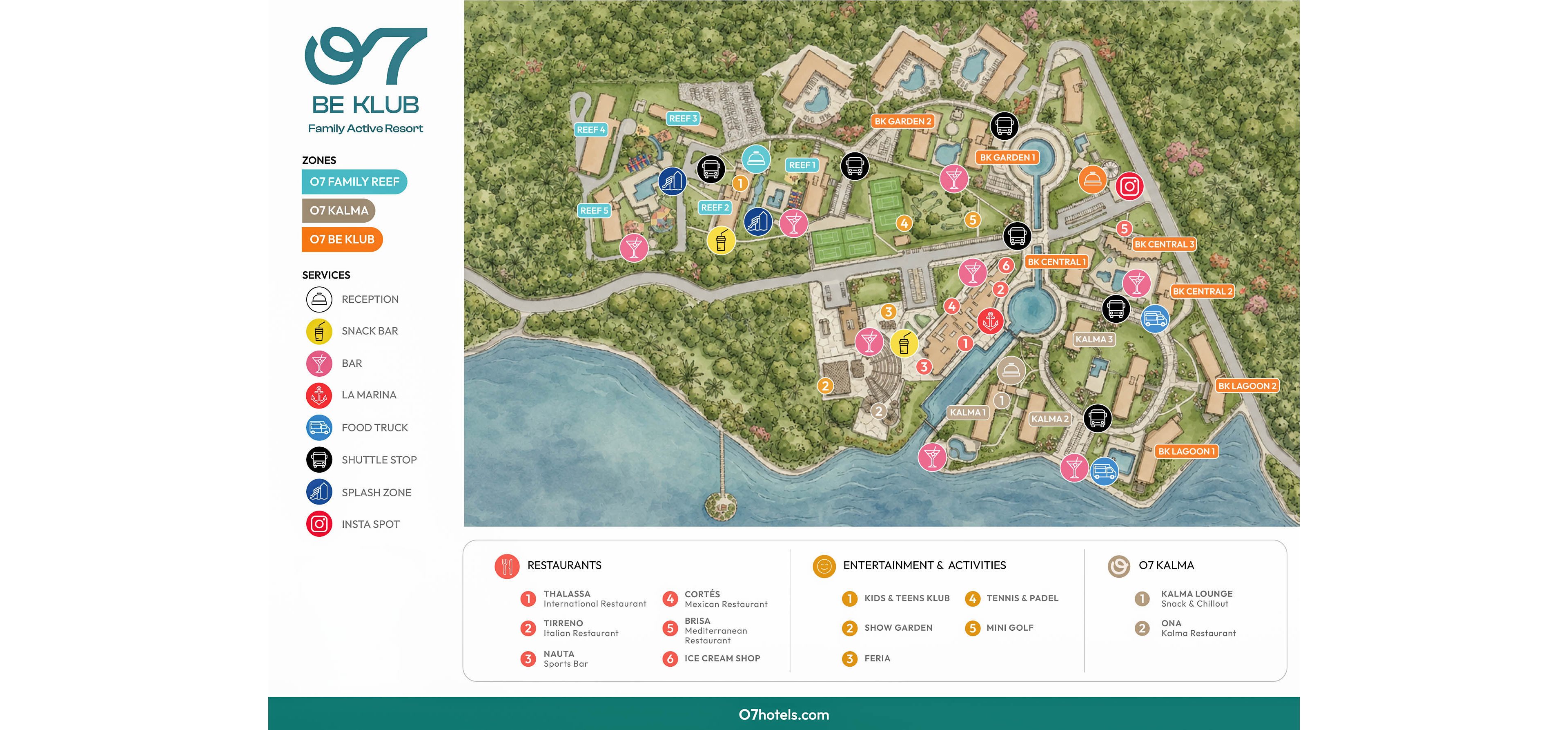 Illustrated resort map for O7 Be Klub family activity resort shows zones, services, restaurants, and entertainment areas around a waterfront setting. Color-coded icons mark locations such as reception, snack bar, pool, kids’ areas, and sports facilities within the landscaped grounds. A legend at the bottom lists restaurants, entertainment and activities, and the O7 Kalma area, while a QR code invites users to view a directory map. The design uses bright, playful colors and clear labels to guide guests through the resort.