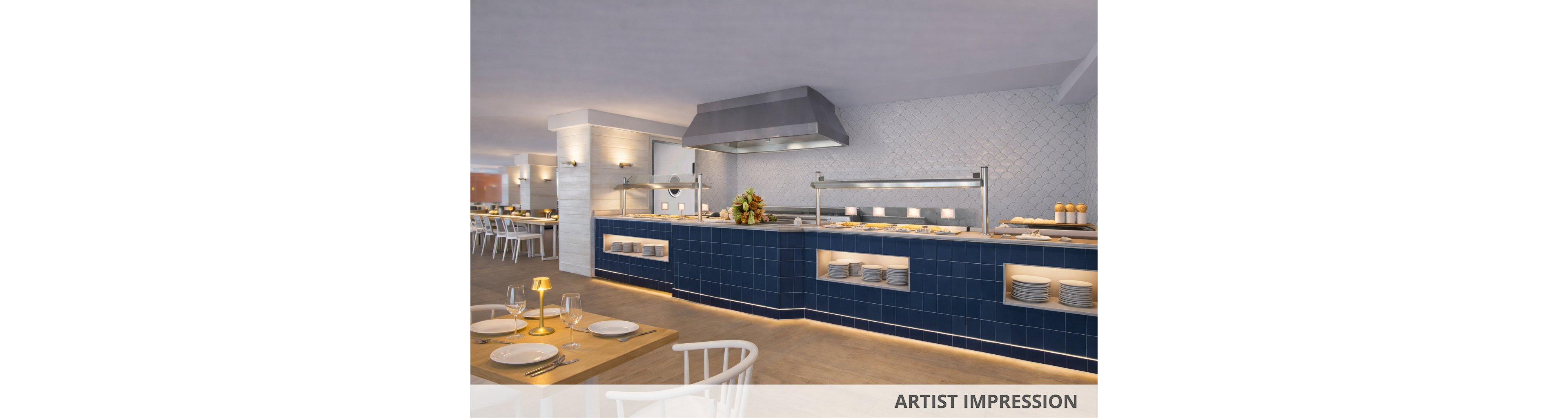 A contemporary buffet restaurant features a blue-tiled serving counter with open shelving displaying plates. The setting is bright and spacious, with wooden floors, white chairs, and neatly set tables. Warm lighting and a clean, minimalist design create an inviting dining atmosphere. No visible text or numbers are present in the image.