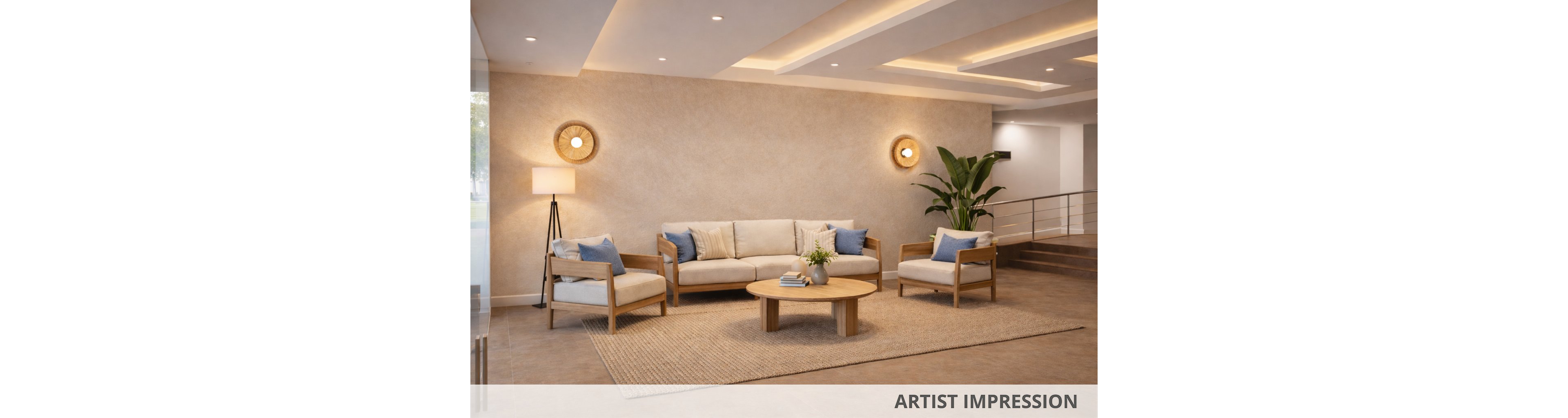 A contemporary lounge features a beige sofa and two matching armchairs with blue accent pillows, arranged around a round wooden coffee table. The setting is an open, well-lit interior with recessed ceiling lights, a floor lamp, and decorative wall sconces. A large indoor plant and textured rug add warmth, while the neutral palette creates a calm, inviting atmosphere. No visible text or numbers are present in the image.