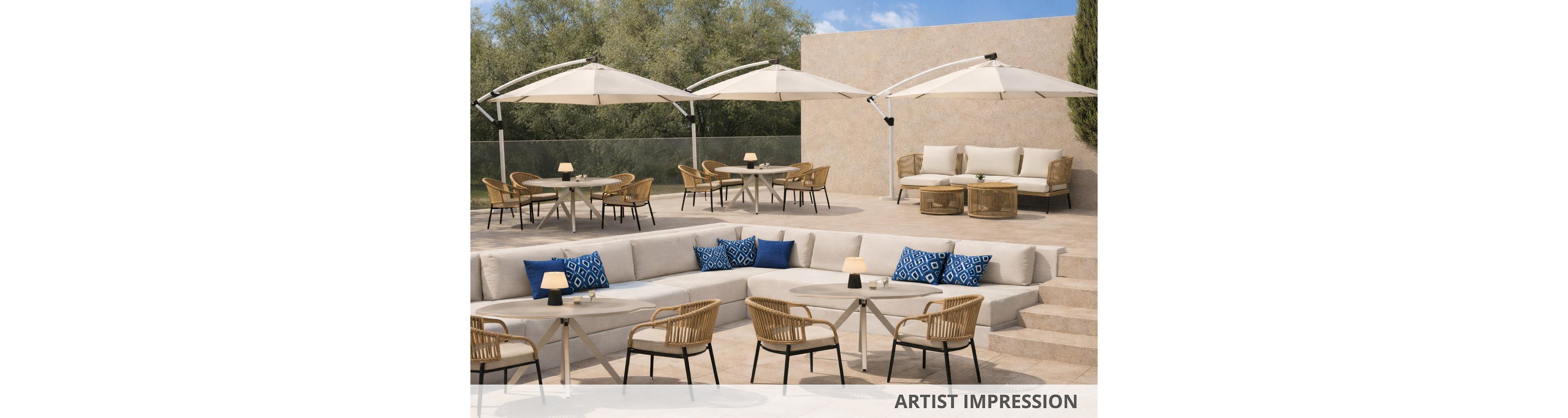 A contemporary outdoor lounge features neutral-toned sectional sofas with blue accent pillows and rattan chairs. Large white umbrellas provide shade over multiple seating arrangements, including round tables and a cozy sofa set. The setting is a spacious patio with stone tiles, surrounded by greenery and minimalist walls. Small table lamps add a touch of elegance to the relaxed, inviting atmosphere. No visible text or numbers are present in the image.