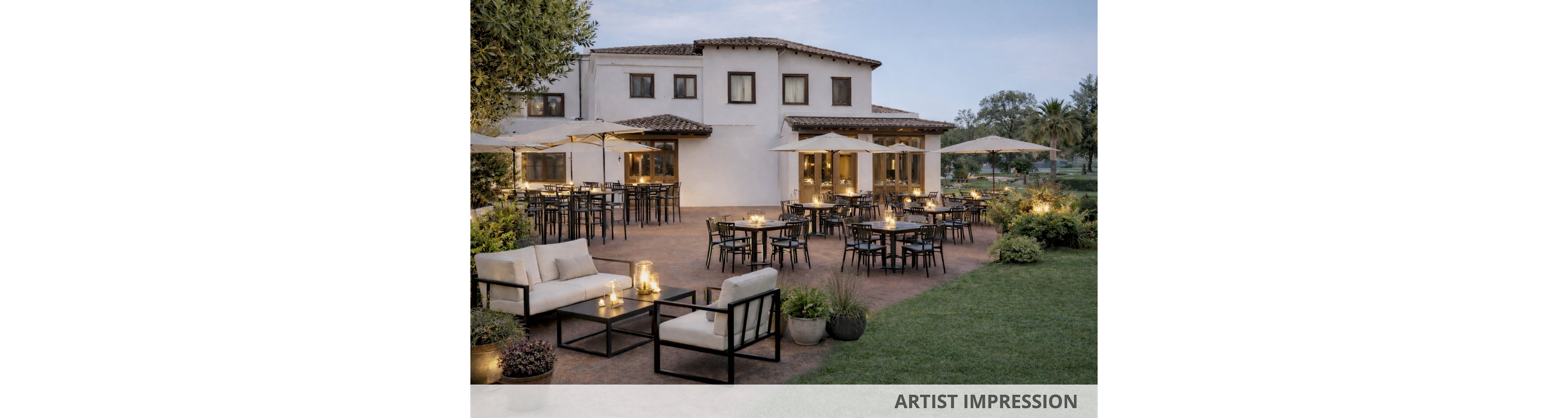 A spacious outdoor restaurant patio features modern black tables and chairs, along with cushioned lounge seating. The setting is tranquil, with soft candlelight on tables and potted plants adding a cozy ambiance. Large umbrellas provide shade, and the building in the background has a Mediterranean architectural style. The scene is set at dusk, with a calm and inviting atmosphere.