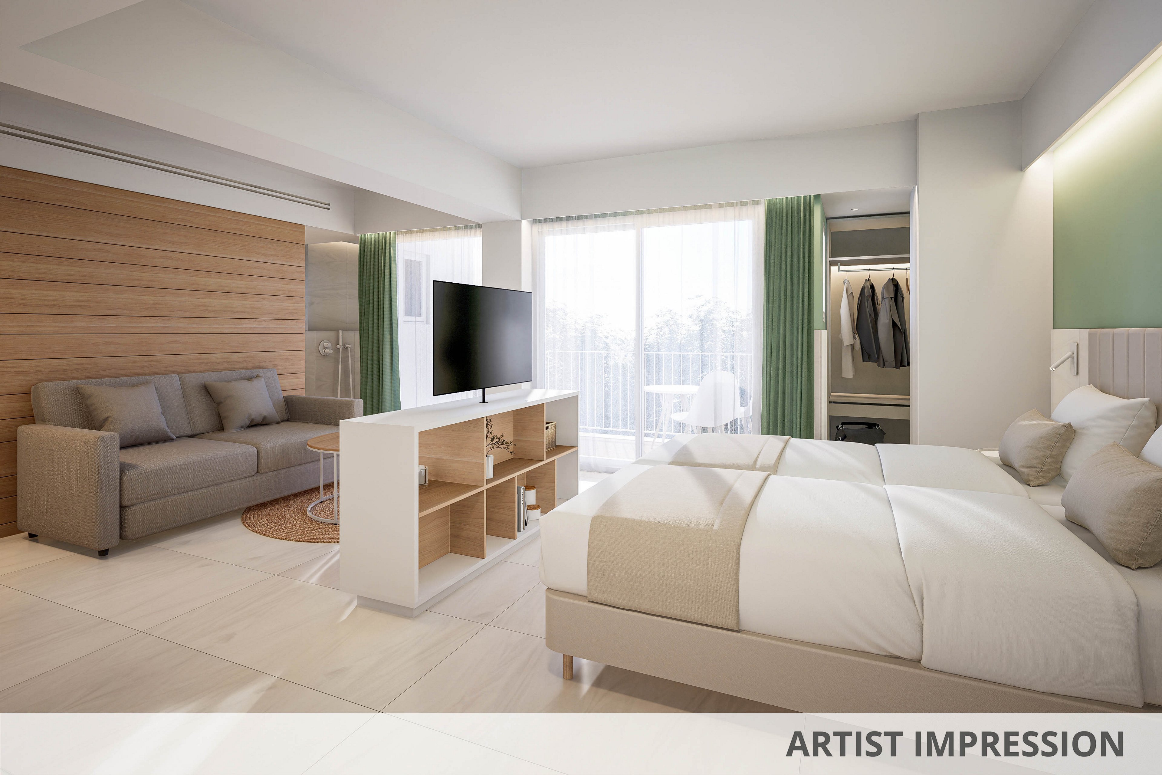 A contemporary hotel room features a neatly made double bed, a sofa, and a flat-screen television on a white partition. The space is bright with natural light streaming through large glass doors leading to a balcony. The room includes a wardrobe with hanging clothes and minimalist decor in neutral tones, creating a calm and inviting atmosphere.
