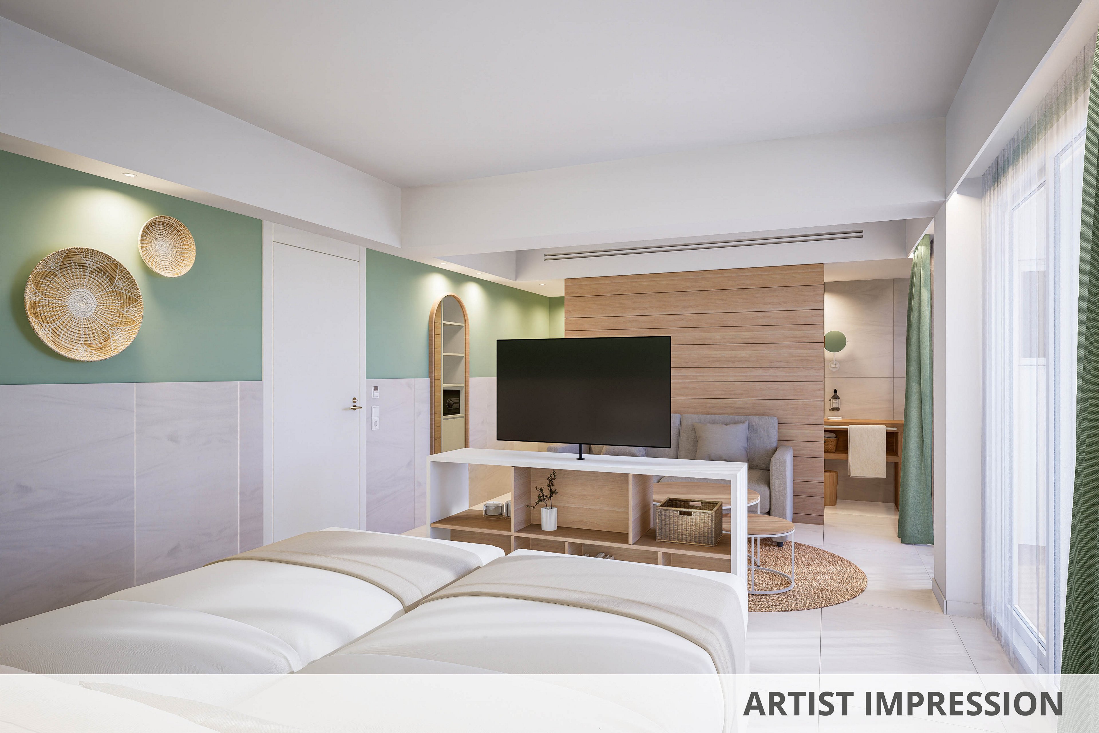 A contemporary hotel room features a neatly made bed, a flat-screen television on a white console, and a cozy sitting area with a sofa. The space is decorated in soft green and white tones, with natural wood accents and woven wall art. Large windows allow natural light to fill the room, creating a bright and inviting atmosphere.