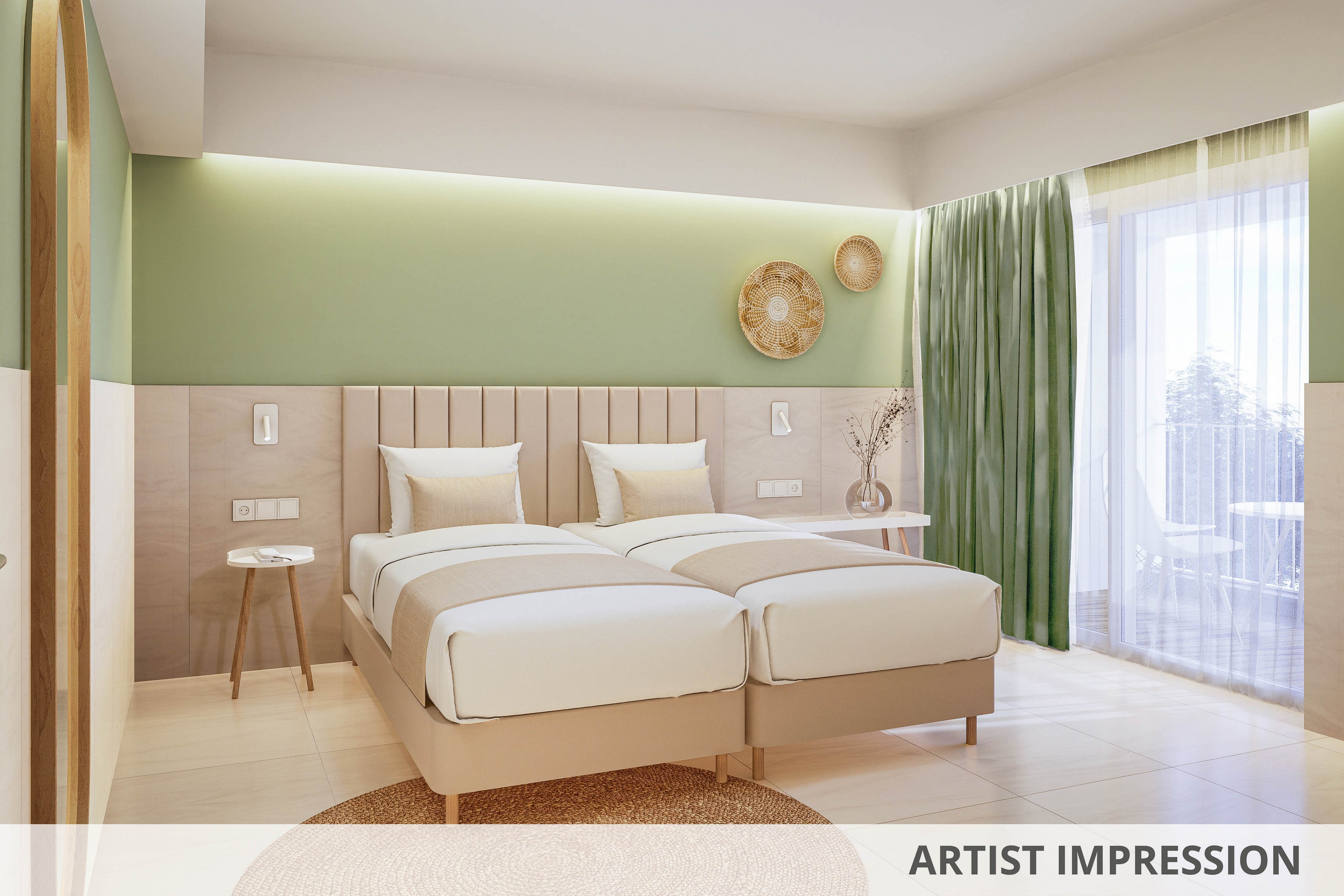 A contemporary hotel room features two twin beds with beige and white bedding, set against a light green accent wall. The space is decorated with woven wall art, a round jute rug, and minimalist furniture including a side table and desk. Natural light streams in through large windows with sheer and green curtains, creating a bright and inviting atmosphere. No visible text or numeric values are present in the image.