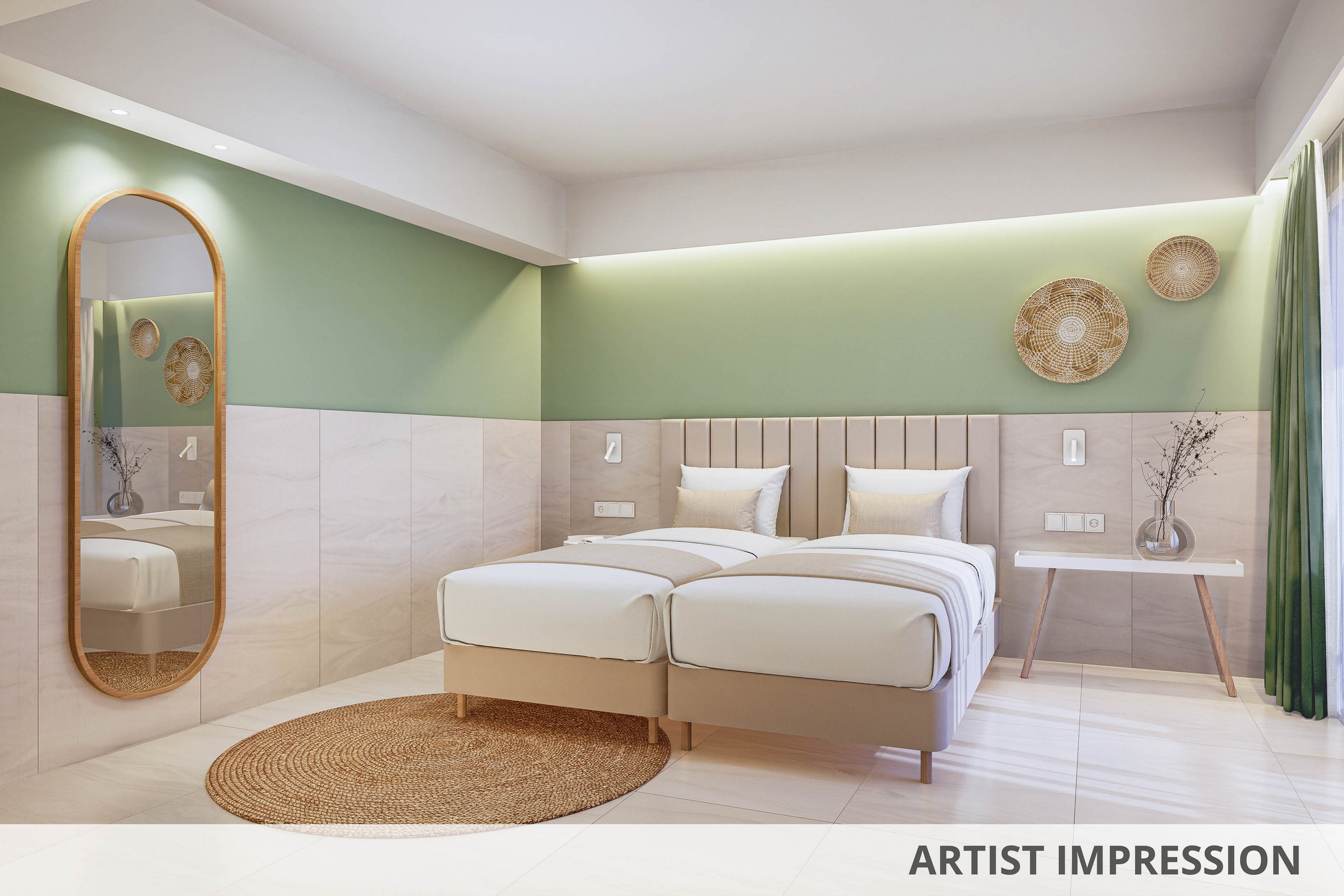A contemporary hotel room features two twin beds with crisp white linens, set against a stylish green accent wall. The space includes a large oval mirror, a woven round rug, and decorative wall plates above the beds. Natural light streams in through floor-to-ceiling curtains, and a minimalist table with a vase adds a touch of elegance. The room exudes a calm, inviting atmosphere with soft neutral tones and clean lines.