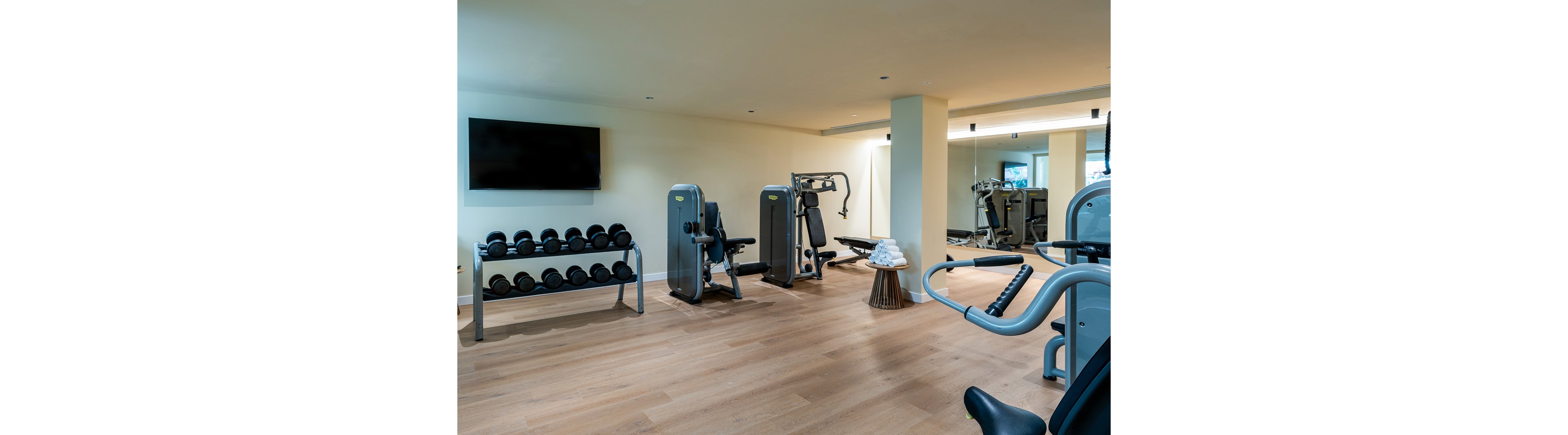 A contemporary gym space features various exercise machines, a rack of dumbbells, and a wall-mounted television. The room has light wood flooring and neutral walls, creating a clean and inviting atmosphere. Large mirrors enhance the sense of space, and natural light is visible through a window. No visible numeric values or brand names are present.