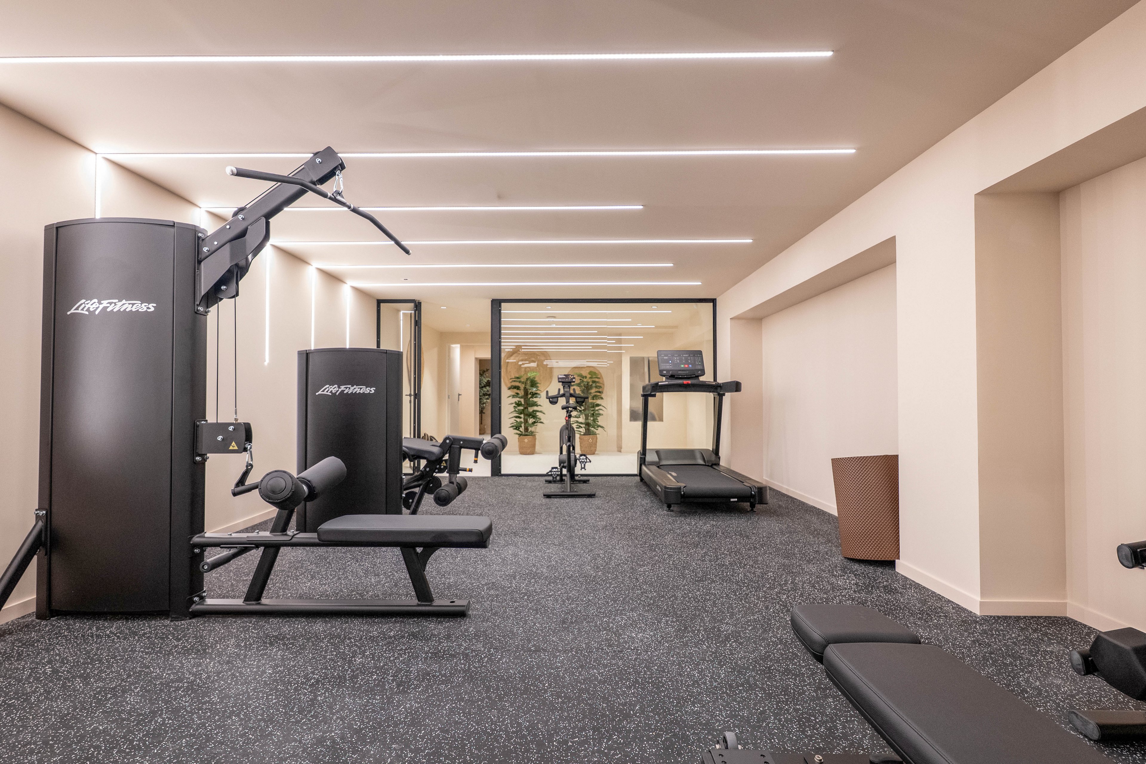 A contemporary gym space features Life Fitness branded exercise machines, including a multi-gym station and a treadmill. The room has a minimalist design with neutral walls, bright overhead lighting, and a speckled rubber floor. Large glass doors at the far end reveal a view of greenery, adding a fresh ambiance to the workout area. No people are present, and the setting is clean and organized.