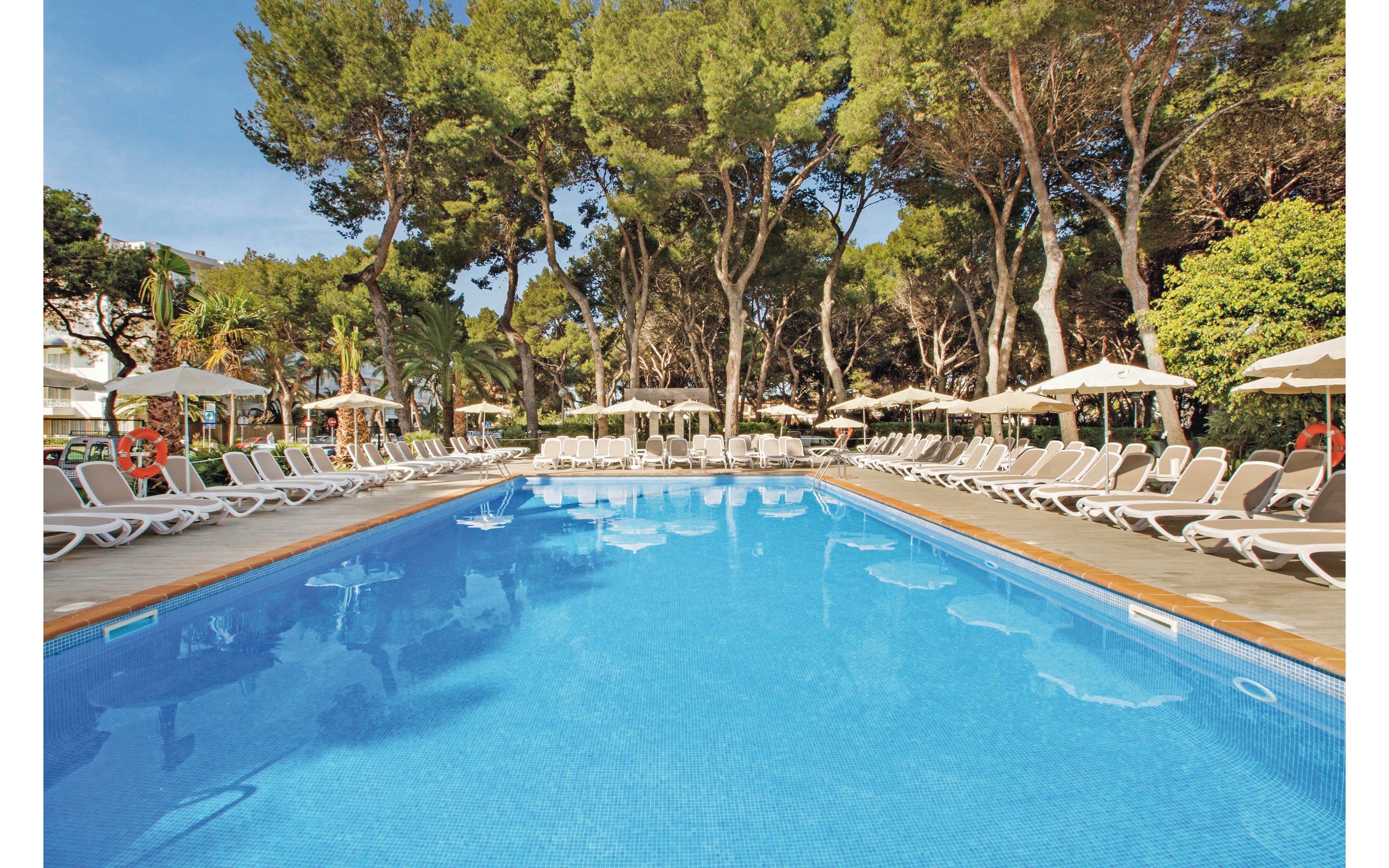 The main subject is a large outdoor swimming pool with clear blue water, bordered by numerous white lounge chairs and umbrellas. The setting is tranquil, with tall pine trees providing shade and a natural backdrop. The scene is empty, evoking a peaceful and relaxing mood, with sunlight filtering through the trees and reflecting off the water. No visible text or numeric values are present in the image.