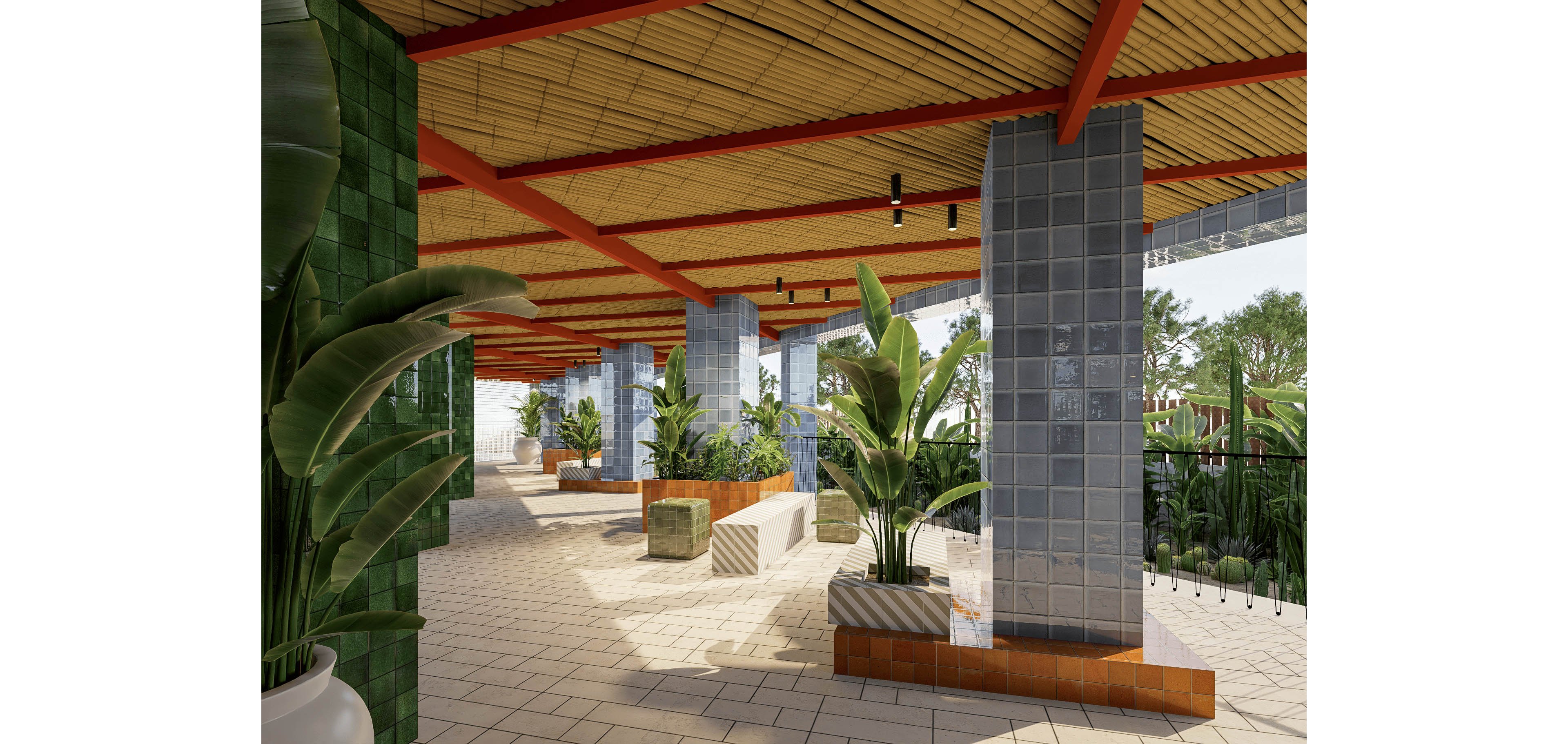 A contemporary open-air terrace features tiled columns and a bamboo ceiling with red metal beams. Large potted tropical plants line the walkway, creating a lush, inviting atmosphere. Neutral floor tiles contrast with green and blue wall tiles, while simple seating elements are integrated into the space. Natural daylight illuminates the corridor, highlighting the modern architectural details and greenery.