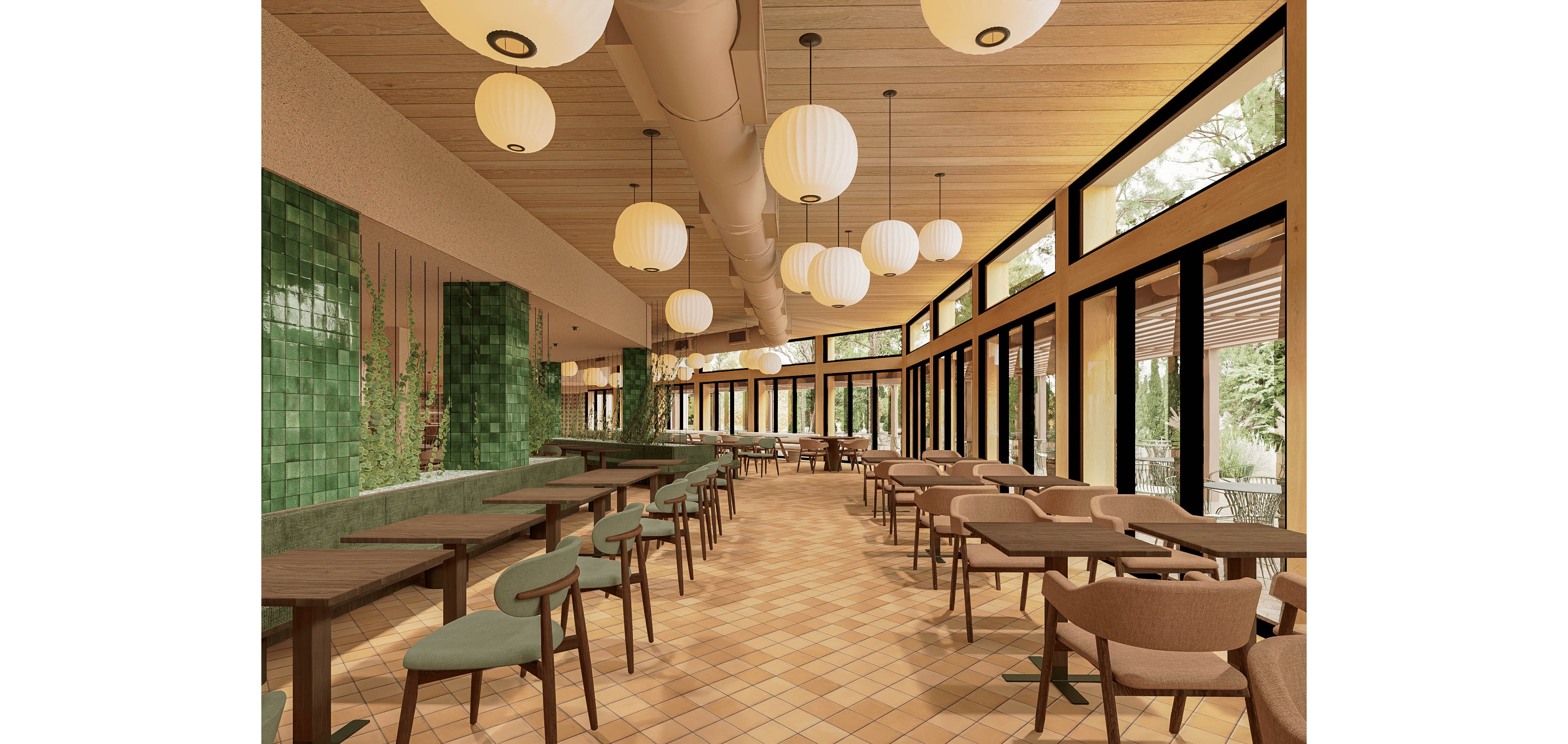 A spacious, contemporary restaurant dining area features rows of wooden tables and cushioned chairs arranged neatly along a tiled floor. Large windows line one side, allowing natural light to complement the warm glow of round pendant lights hanging from the wooden ceiling. A green tiled accent wall with vertical plant elements adds texture and color to the space. The overall design feels inviting, minimalist, and well-organized for guests.