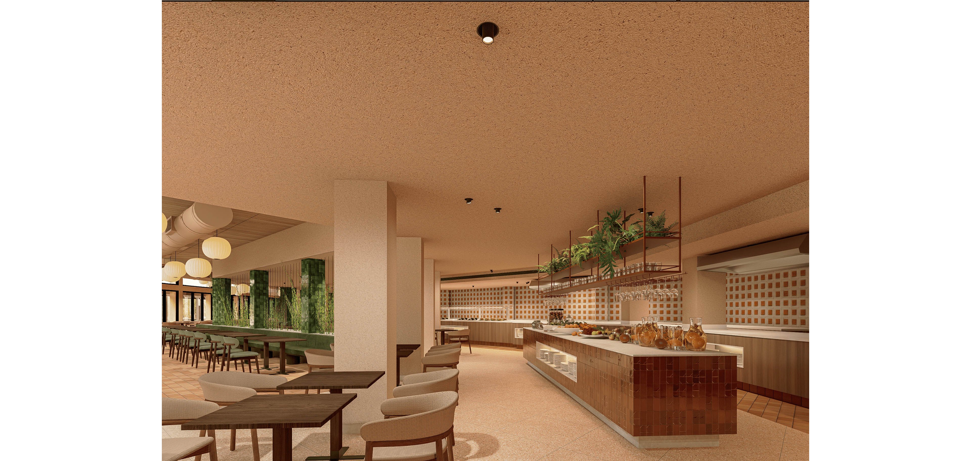 A contemporary buffet-style restaurant interior features a long serving counter with glass-covered dishes and decorative plants above. Neutral beige and brown tones dominate the space, complemented by soft, warm ceiling lights. Wooden tables and upholstered chairs are arranged neatly, creating an inviting dining area. Large windows and green wall accents add natural elements to the modern design.