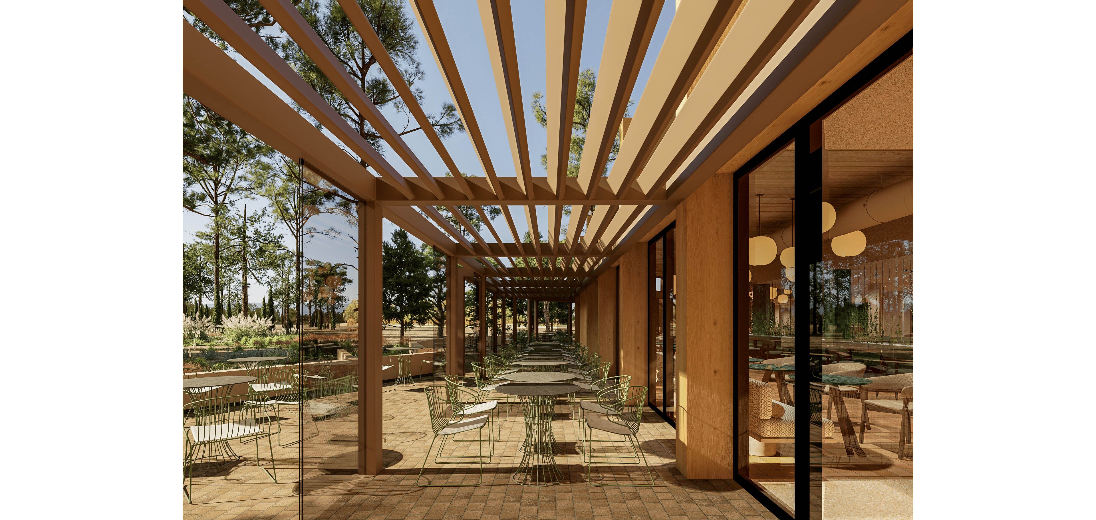A contemporary outdoor café terrace features rows of metal chairs and tables beneath a wooden pergola. Sunlight filters through the slatted roof, casting linear shadows across the tiled floor. Large glass windows reflect the warm interior lighting and extend the sense of openness. Surrounding trees and landscaped greenery create a relaxed, natural atmosphere for dining or socializing.