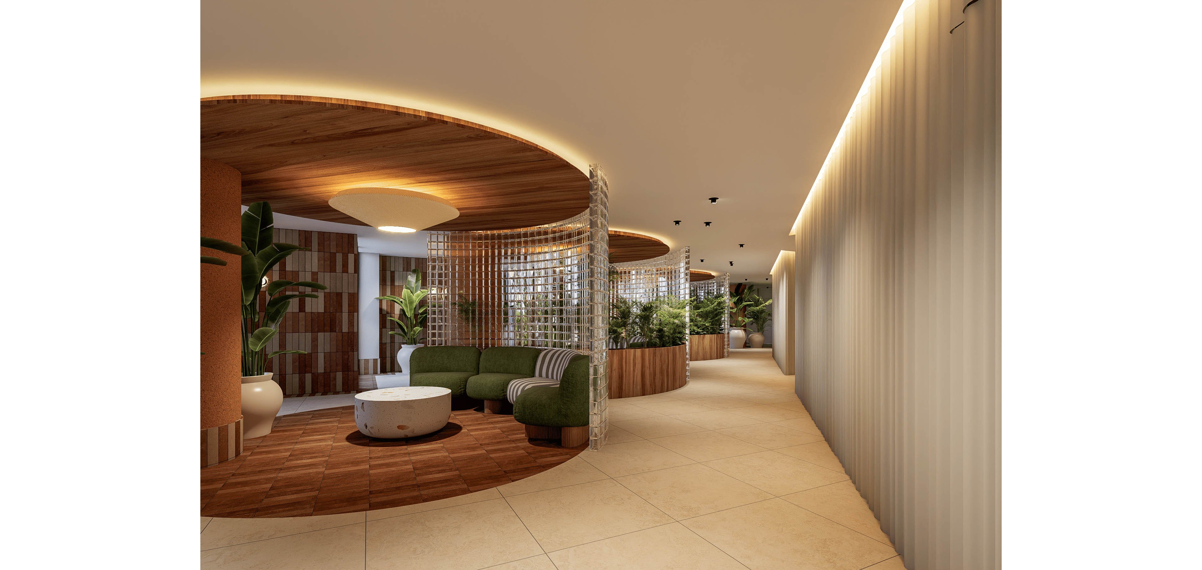 A contemporary interior lobby features a curved seating area under circular wooden ceiling panels. Green upholstered sofas and a round white coffee table sit on a warm-toned floor, surrounded by decorative screens and lush indoor plants. Soft indirect lighting highlights the organic shapes and textures, creating a welcoming atmosphere. A long corridor extends to the right, emphasizing the spacious, modern design.