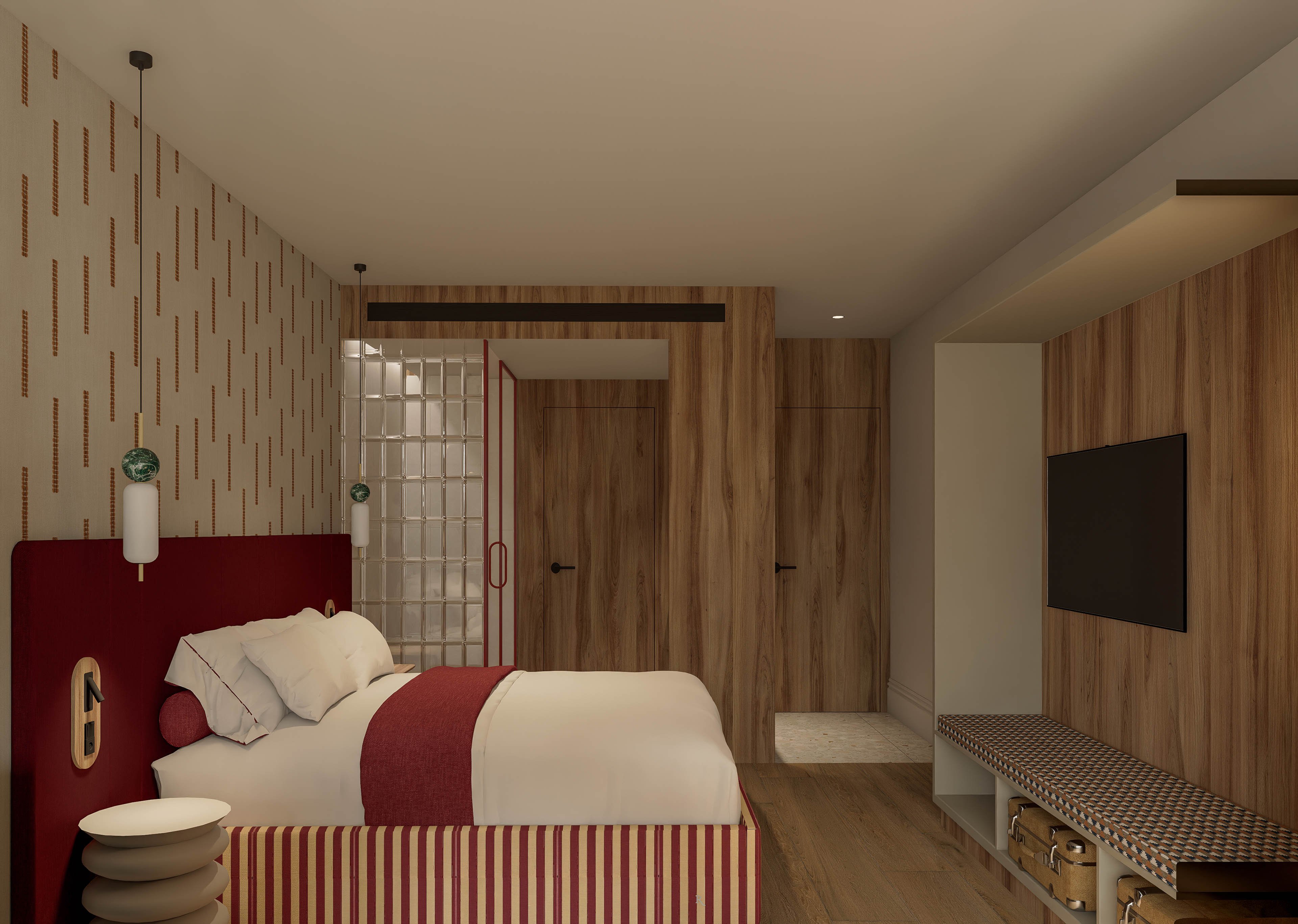 Contemporary hotel-style bedroom featuring a neatly made double bed with white linens and deep red upholstered headboard. The room is finished with warm wood paneling on the walls, doors, and built-in storage units. A patterned accent wall, minimalist pendant lights, and a large flat-screen TV create a modern yet cozy atmosphere. Subtle decorative details and soft lighting contribute to a calm, inviting space.