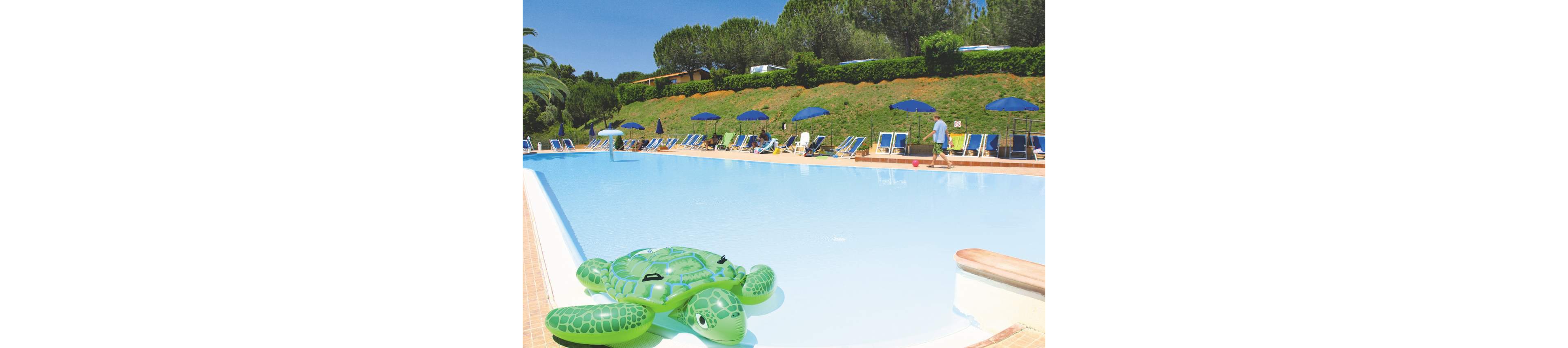 A large outdoor swimming pool is shown under bright sunlight with a green inflatable turtle floating near the edge. Numerous blue sun loungers and matching umbrellas line the far side of the pool. A person walks along the poolside, adding a sense of scale and leisure activity. Lush green trees and a grassy embankment create a natural backdrop, emphasizing a relaxed vacation atmosphere.