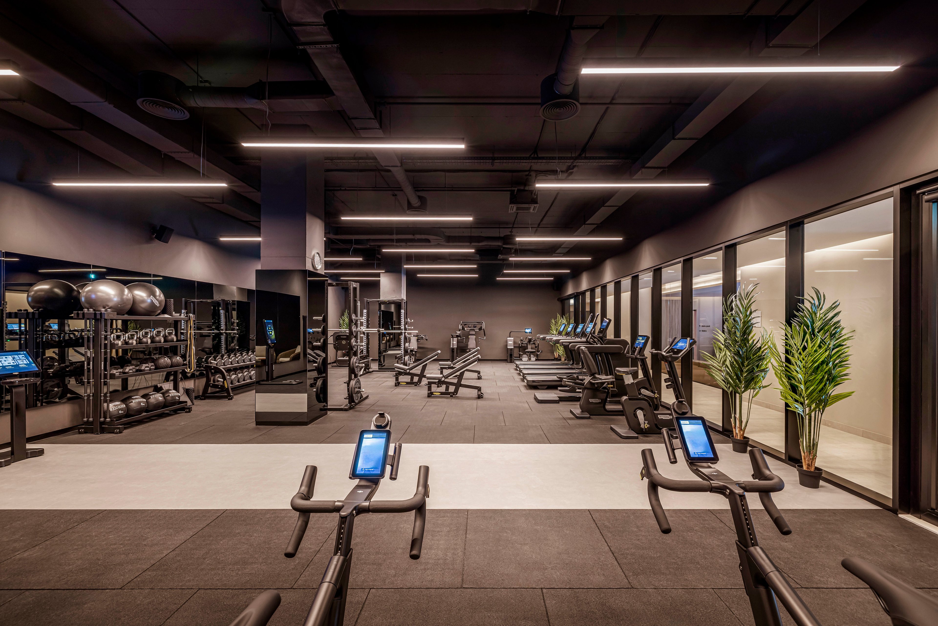 A spacious, contemporary gym features rows of treadmills and stationary bikes with digital screens in the foreground. The setting includes free weights, benches, and exercise machines, all arranged in a sleek, well-lit interior with dark ceilings and minimalist decor. Large windows and potted plants add brightness and a touch of greenery to the space. No visible people or numeric values are present in the image.