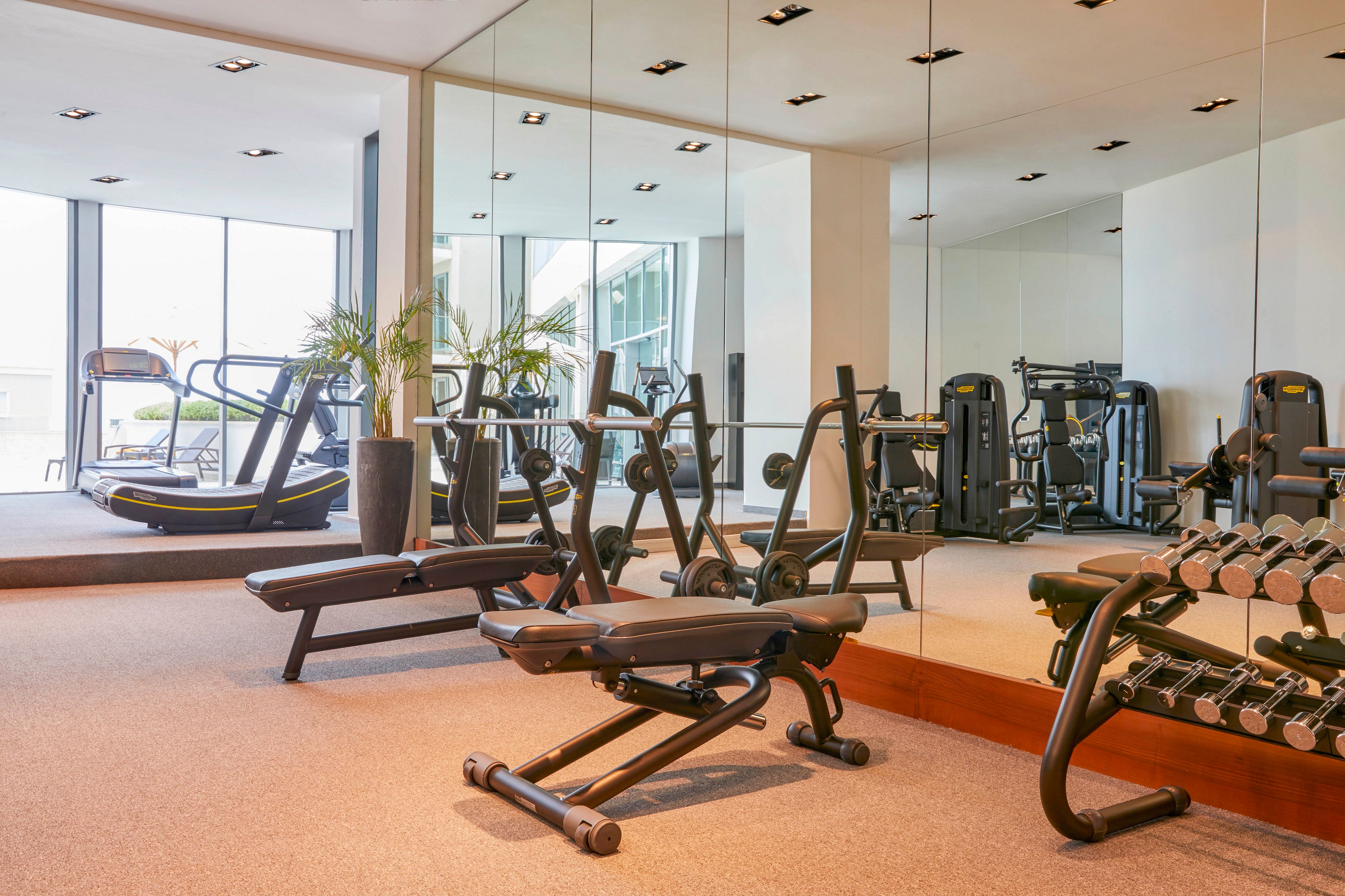 A contemporary gym features various exercise machines, including treadmills, weight benches, and dumbbells. The space is well-lit with large windows and mirrored walls, creating an open and inviting atmosphere. Neutral tones and clean lines contribute to a minimalist, modern style. No people are present, emphasizing the equipment and spacious layout.