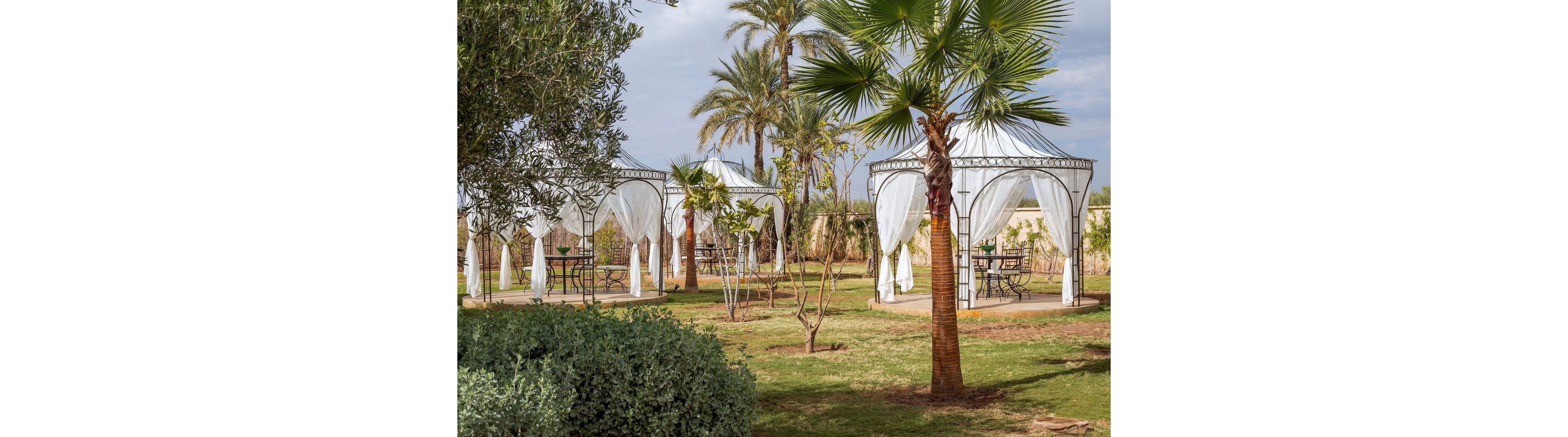 Several white gazebos with flowing curtains stand in a landscaped garden. Metal tables and chairs are arranged under each structure, suggesting an outdoor seating or dining area. Palm trees, shrubs, and young plants are scattered across the green lawn. The scene feels calm and inviting under a partly cloudy sky.