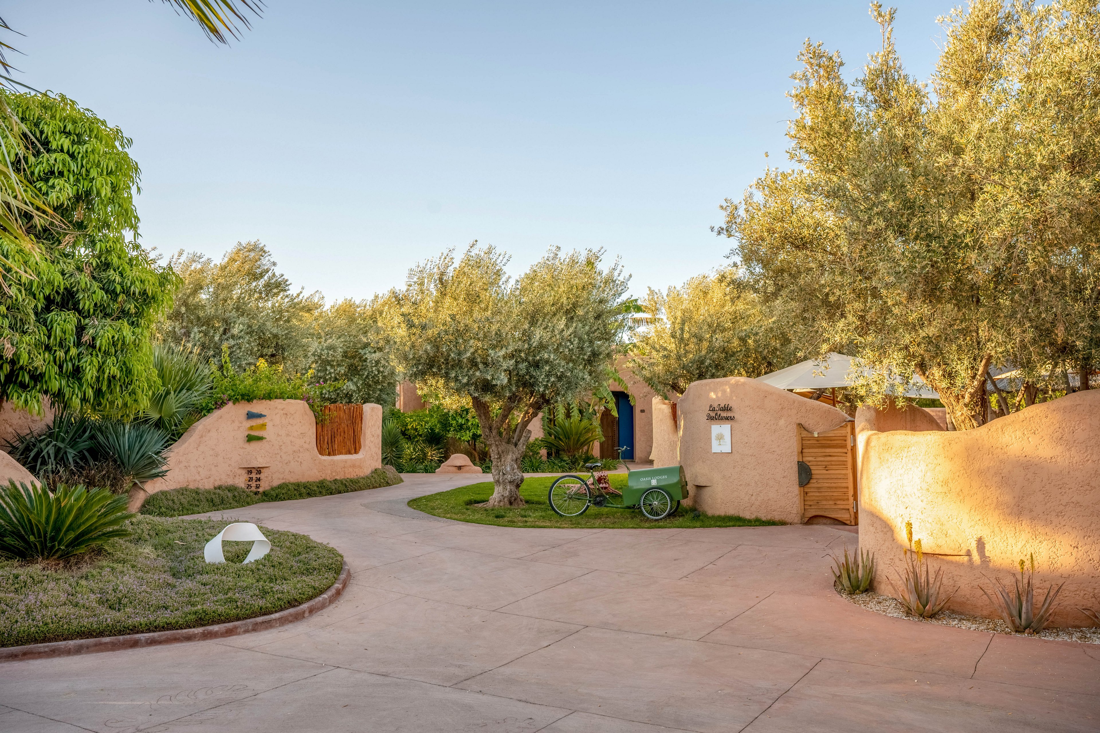 A quiet curved pathway winds through an eco-style resort with earthy, adobe-like walls and lush greenery. Olive trees and tropical plants line the walkway, creating a natural, shaded environment. A bicycle and a small cart are parked near one of the structures, suggesting a relaxed, car-free setting. Warm evening light enhances the soft tones of the buildings and the tranquil atmosphere.