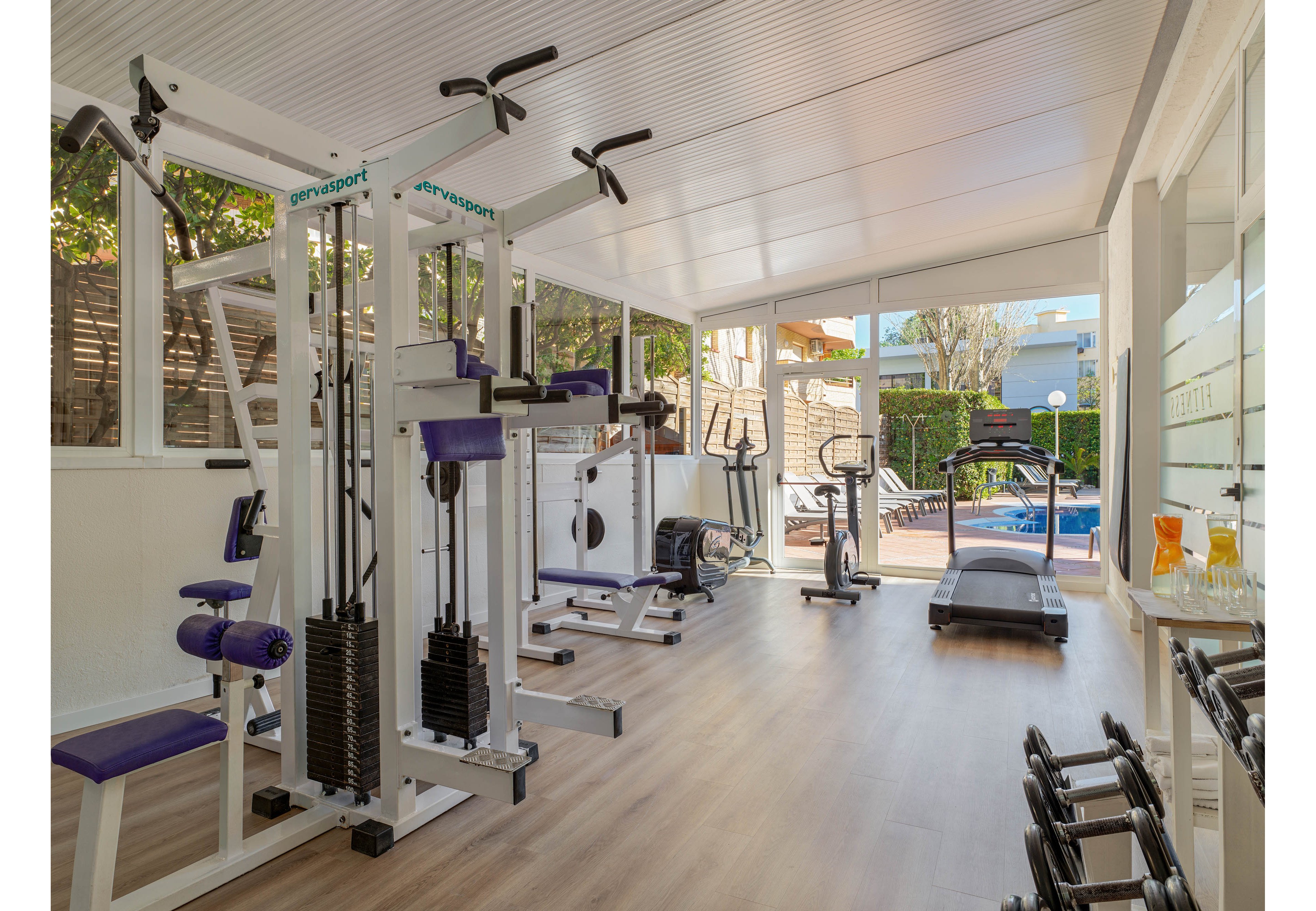 A bright, enclosed home gym features various strength and cardio machines neatly arranged on a light wood floor. Weight stack machines, benches, and free weights occupy the foreground, while treadmills and stationary bikes line the back near large windows. Sunlight streams through the glass walls, revealing an outdoor pool and patio area beyond. The clean, organized space suggests a comfortable environment for personal workouts and wellness routines.