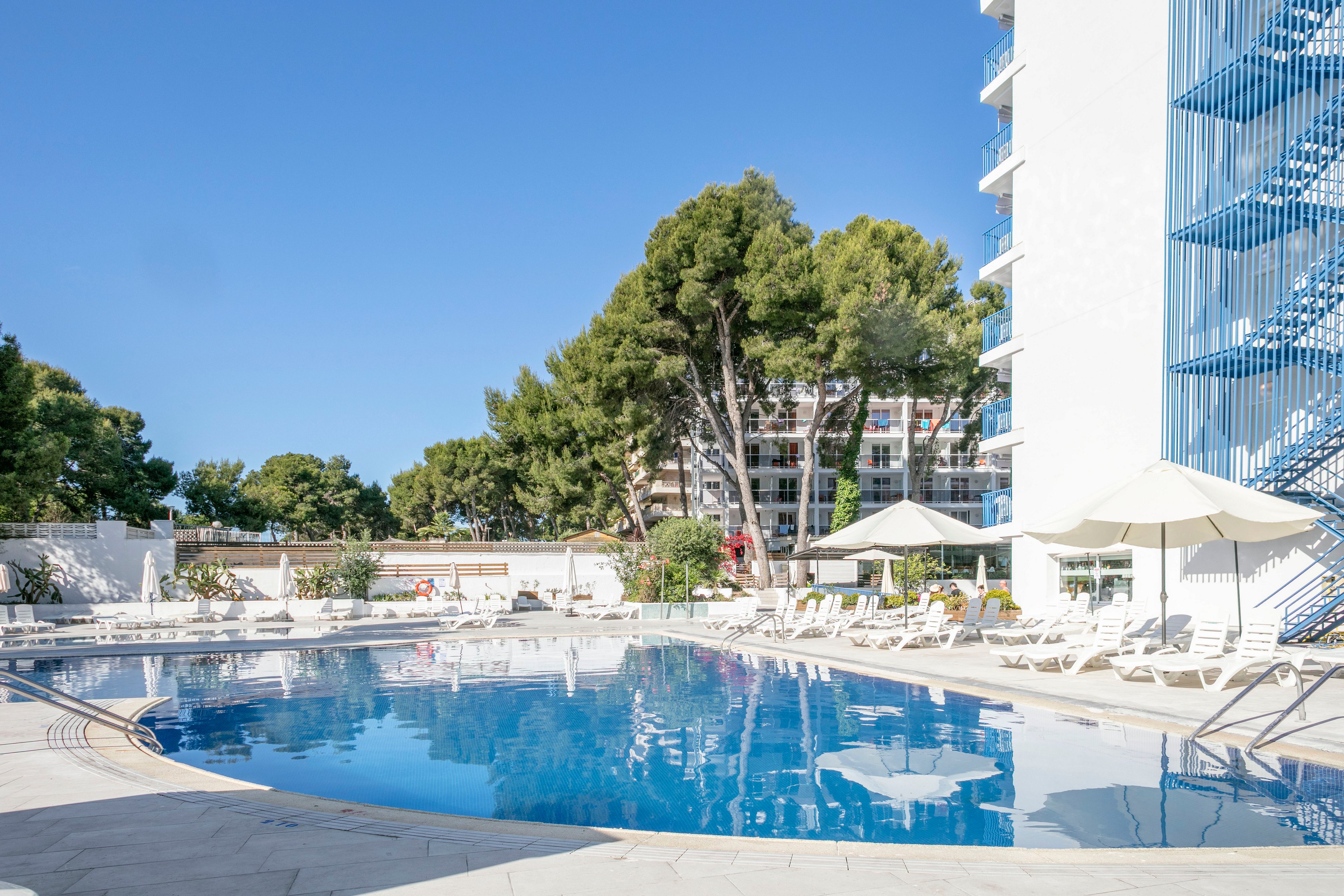 A bright outdoor hotel swimming pool is surrounded by white sun loungers and umbrellas. Tall green trees and modern white buildings frame the pool area under a clear blue sky. Reflections of the umbrellas and architecture shimmer on the calm water. The scene suggests a relaxed vacation atmosphere at a resort.