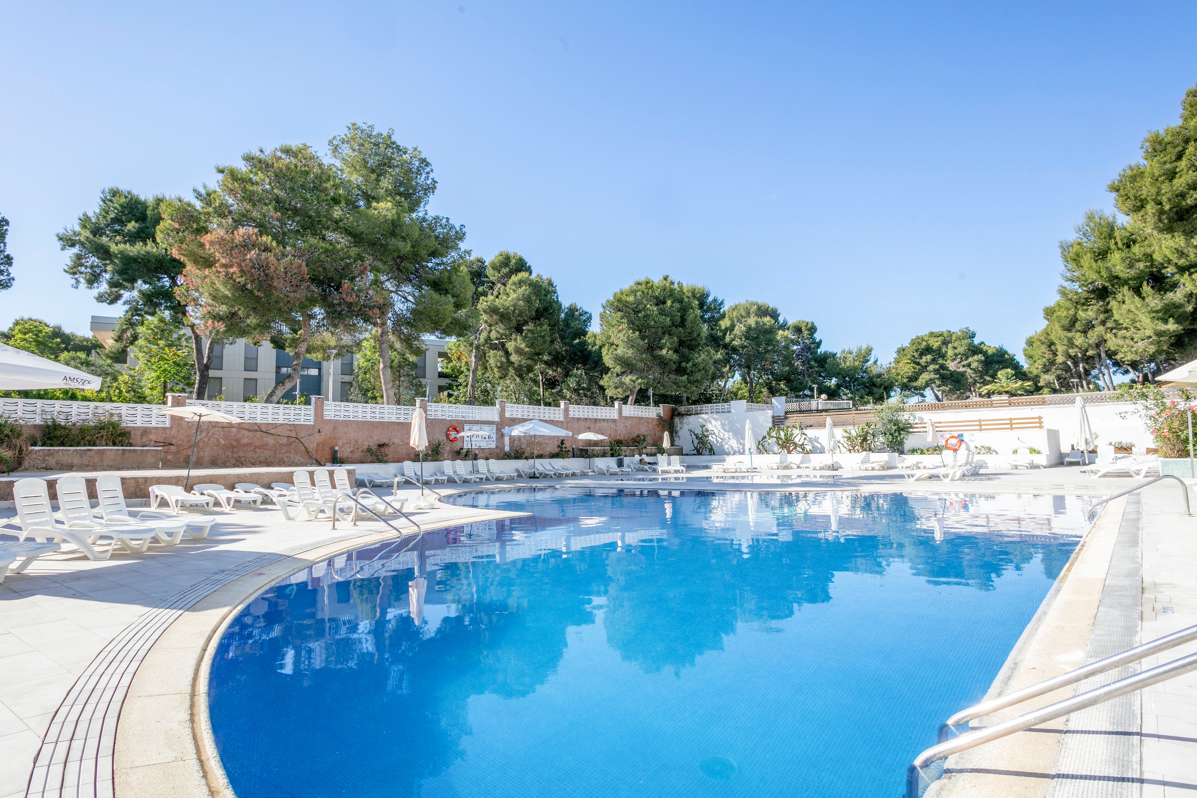 A large outdoor swimming pool reflects the clear blue sky in a sunny resort setting. White lounge chairs and umbrellas line the poolside, creating a relaxing atmosphere for guests. Tall green trees and low white buildings surround the area, adding privacy and shade. The scene feels calm and inviting, ideal for a summer vacation or leisure time by the water.