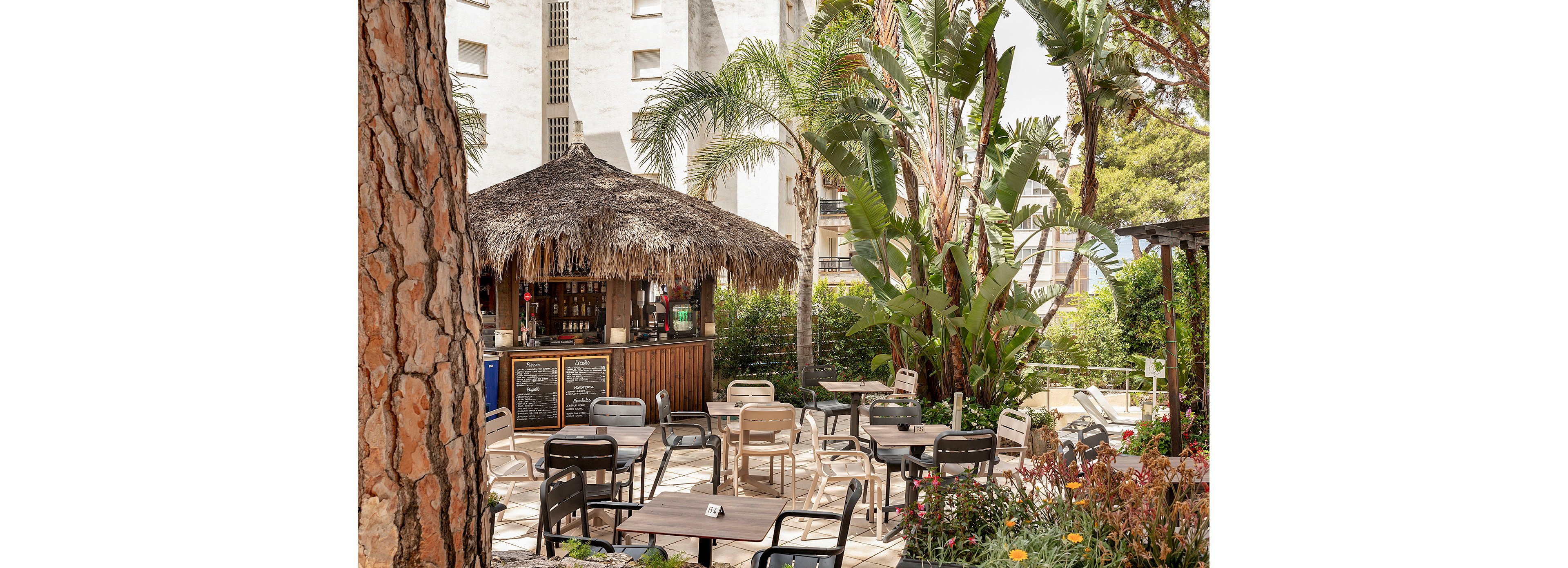 An outdoor bar with a thatched roof stands in a lush garden setting. Numerous empty tables and chairs are arranged on a sunlit patio, creating a relaxed café atmosphere. Tall palm trees and dense greenery surround the area, with colorful flowers in the foreground. A multi-story building rises in the background, contrasting with the natural elements of the scene.