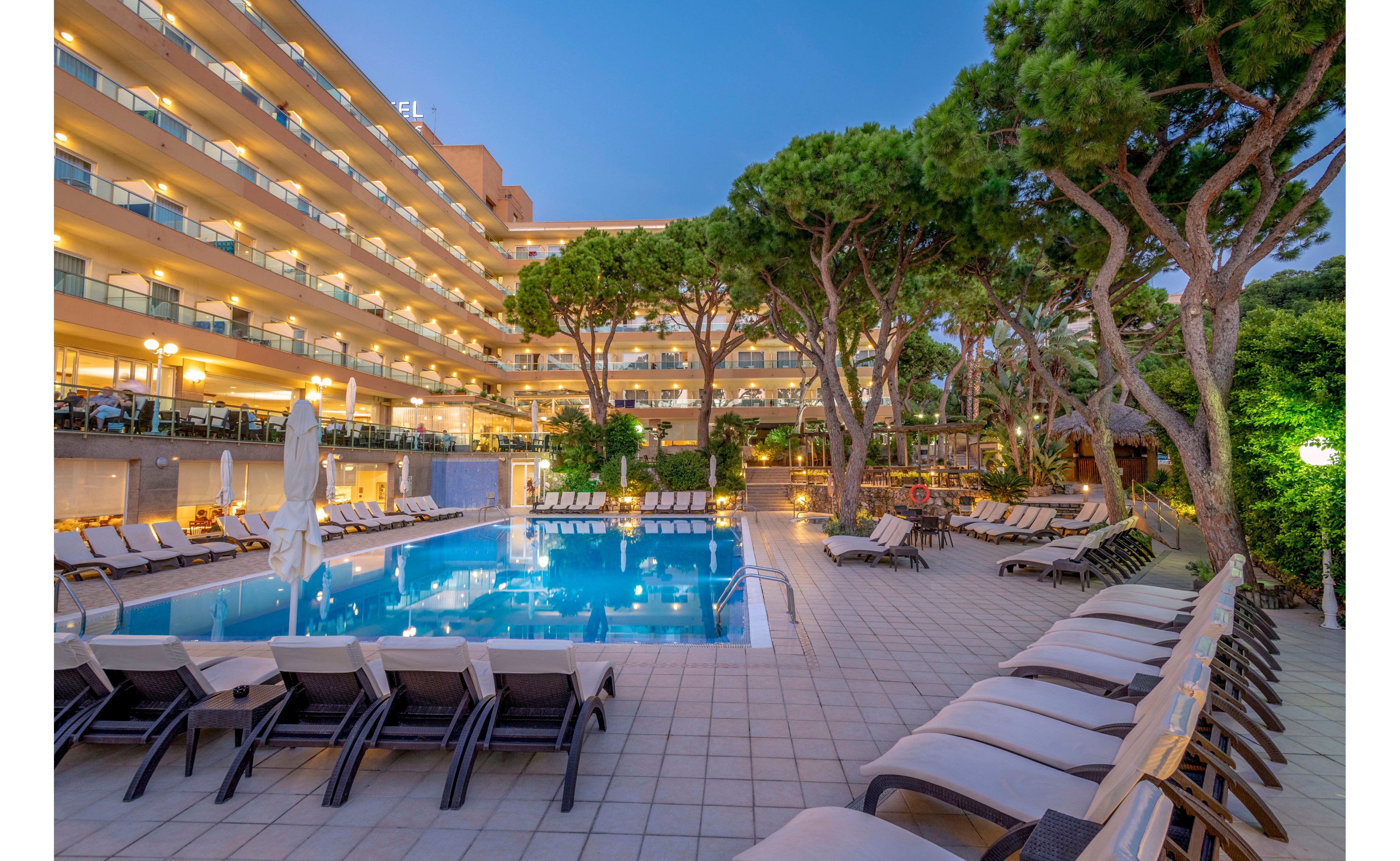 A large outdoor swimming pool is surrounded by rows of empty lounge chairs at a modern hotel. The multi-story building is brightly lit, creating warm reflections on the calm blue water. Tall pine trees frame the pool area, adding greenery and shade to the scene. The image is captured at dusk, giving the sky a soft blue tone and emphasizing the relaxed resort atmosphere.