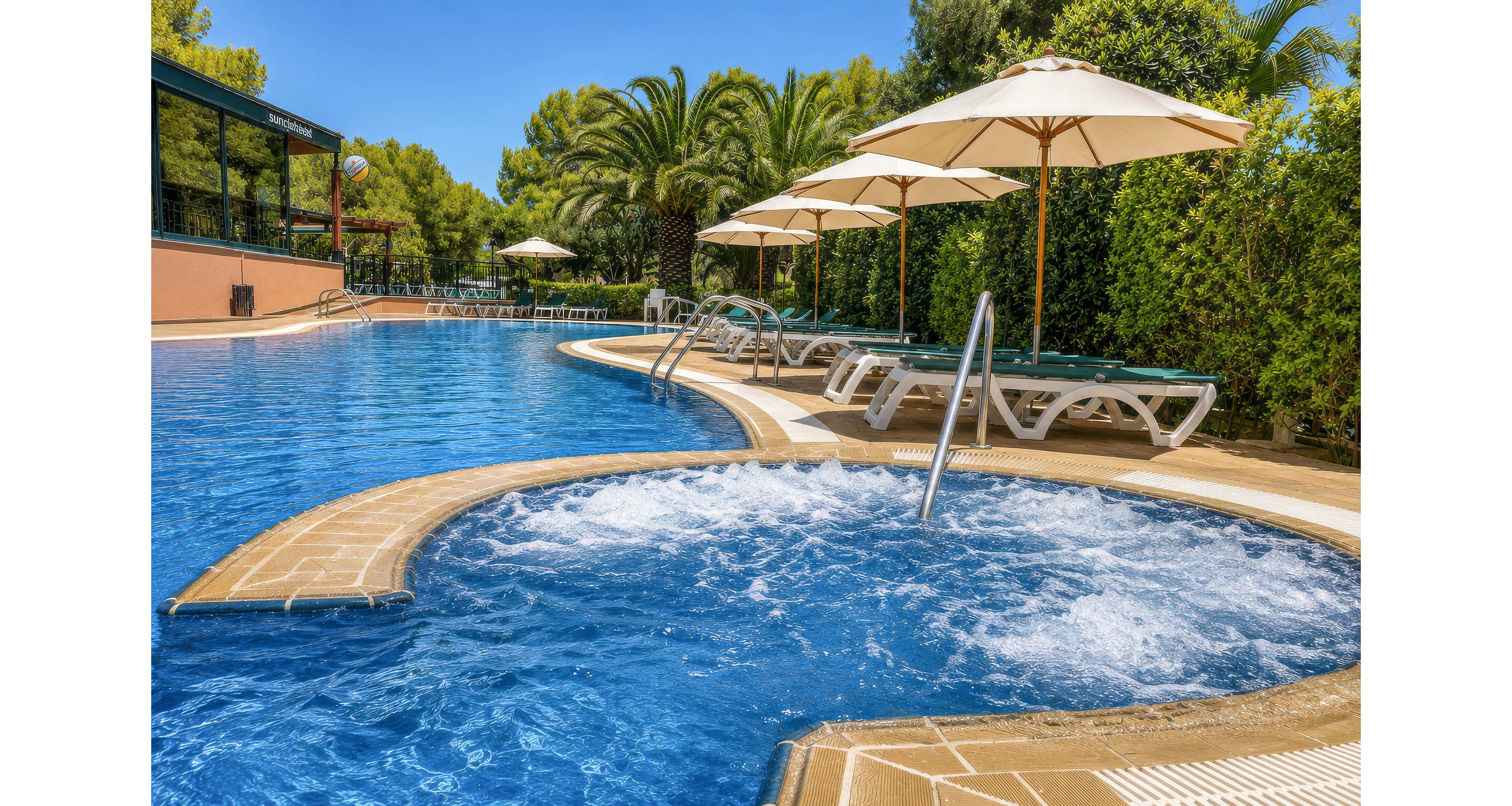 An outdoor resort swimming pool features a circular bubbling jacuzzi in the foreground. Sun loungers line the poolside under large white umbrellas, suggesting a relaxing vacation setting. Lush green trees and palms surround the area, with clear blue water reflecting the bright sky. The scene conveys a tranquil, sunny atmosphere ideal for leisure and summer holidays.