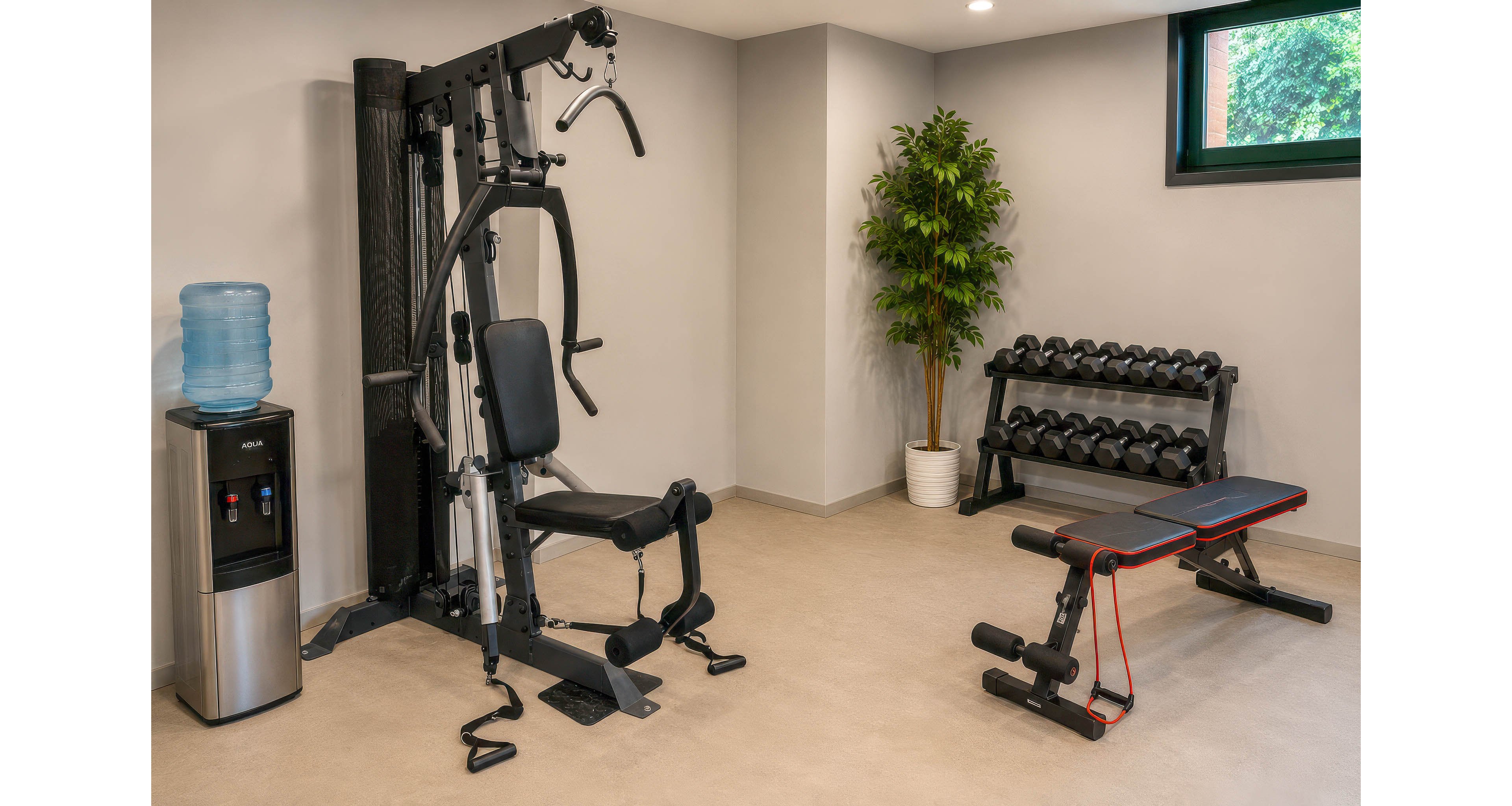 A compact fitness room features a multi-station weight machine as the main focal point. To the right, a dumbbell rack and an adjustable workout bench provide free-weight training options. A water cooler stands on the left side, and a tall potted plant adds a touch of greenery to the neutral interior. The space is clean, minimal, and designed for personal exercise routines.