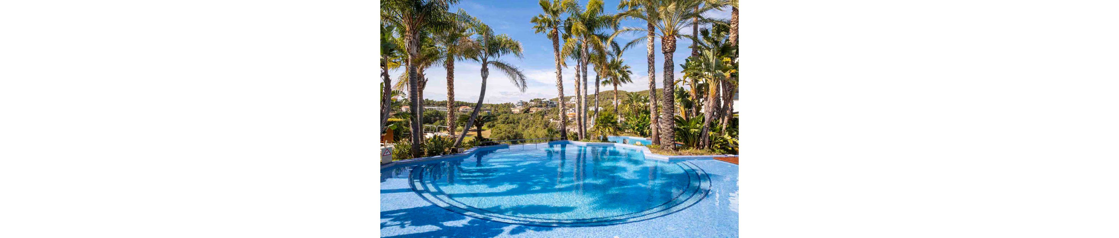 A clear blue infinity pool overlooks a lush green valley dotted with houses. Tall palm trees and dense tropical plants surround the water, creating a resort-like atmosphere. The pool surface reflects the sky and trees, emphasizing the tranquil, sunny setting. The scene suggests a luxurious vacation destination in a warm climate.