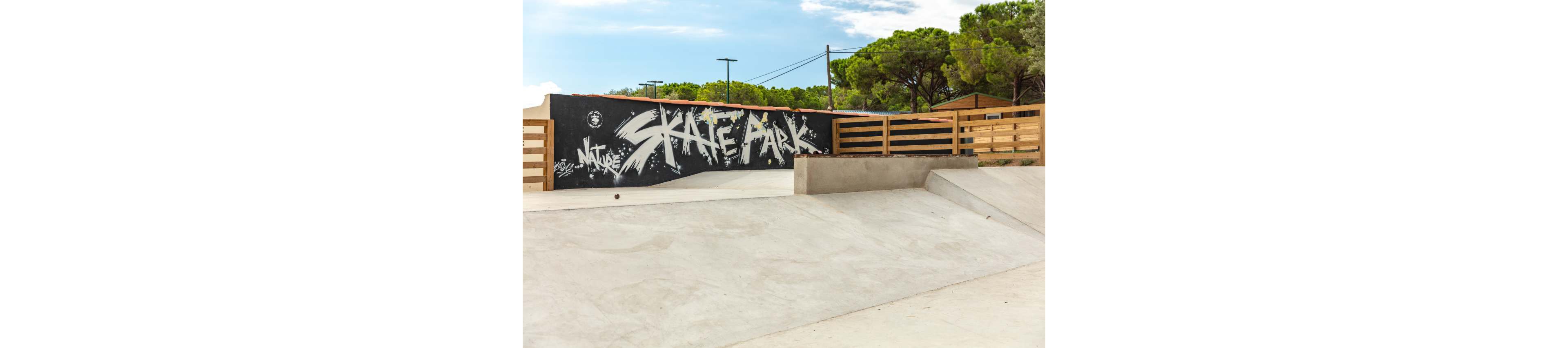 An empty concrete skate park features ramps and smooth riding surfaces under a bright sky. A black wall in the background displays bold white graffiti text reading "SKATE PARK" and "NATURE." Wooden fencing and green trees frame the scene, suggesting a park-like setting. The overall atmosphere is calm and ready for skaters, with no people present.