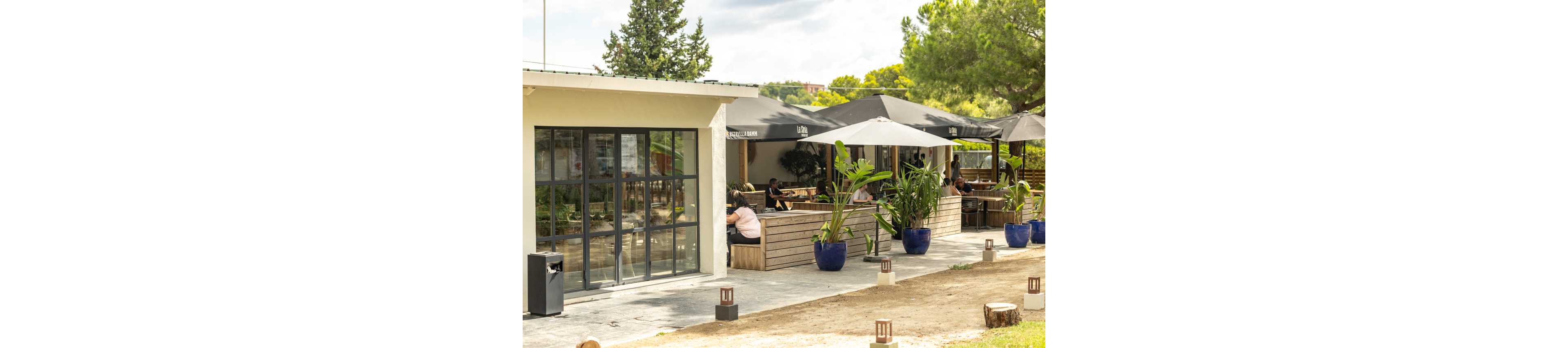 An outdoor café terrace features several tables under large dark umbrellas beside a modern building with glass doors. People sit and relax at wooden benches surrounded by potted green plants in blue containers. The setting appears to be a casual daytime environment with trees and greenery in the background. Soft natural light and neutral tones create a relaxed, welcoming atmosphere.