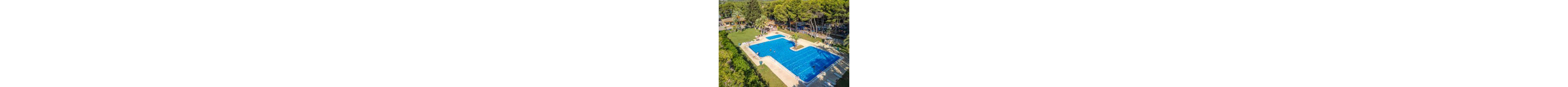 A large outdoor swimming pool is captured from above in a lush green resort setting. Several people are swimming and relaxing in the bright blue water while others lounge on chairs around the pool deck. Tall trees and manicured lawns surround the pool area, creating a secluded vacation atmosphere. Nearby buildings and shaded seating areas suggest a family-friendly holiday destination.