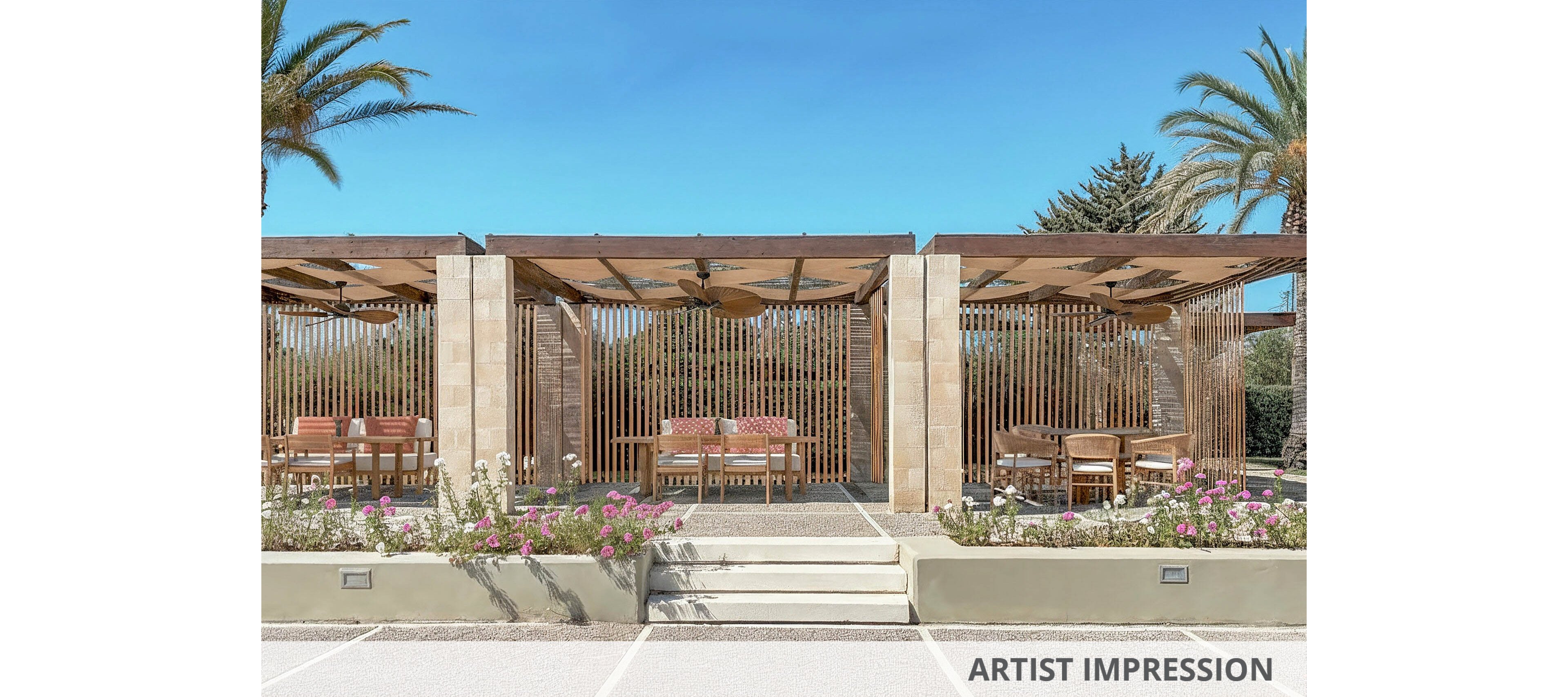 Contemporary wooden pergolas with slatted panels frame an outdoor lounge area. Comfortable seating and tables are arranged beneath the shaded structures. Pink and white flowers line the foreground, adding color to the neutral architecture. Palm trees and a clear blue sky create a relaxed, resort-like atmosphere.
